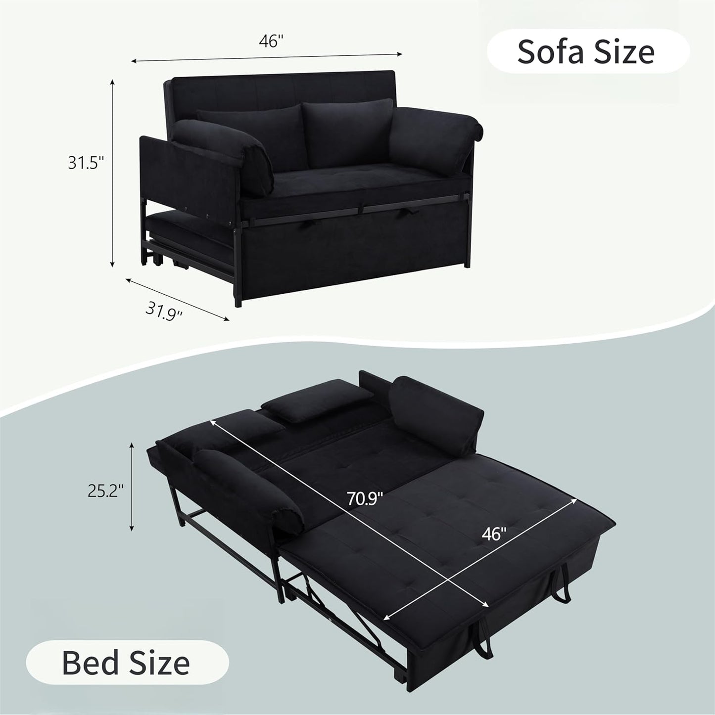 Pull Out Sofa Bed, 46” Futon Couch with Convertible Sleeper, Velvet Pull Out Couch with Adjustable Backrest, Small Sofa Bed with 2 Pillows for Living Room Office Guest Room, Black