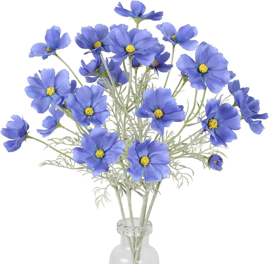 IPOPU Blue Flowers Artificial Cosmos 5PCS Fake Blue Wildflowers 24.5" Fake Daisies for Home Decor Indoor Faux Wild Flowers for Floral Arrangements Wedding Centerpiece