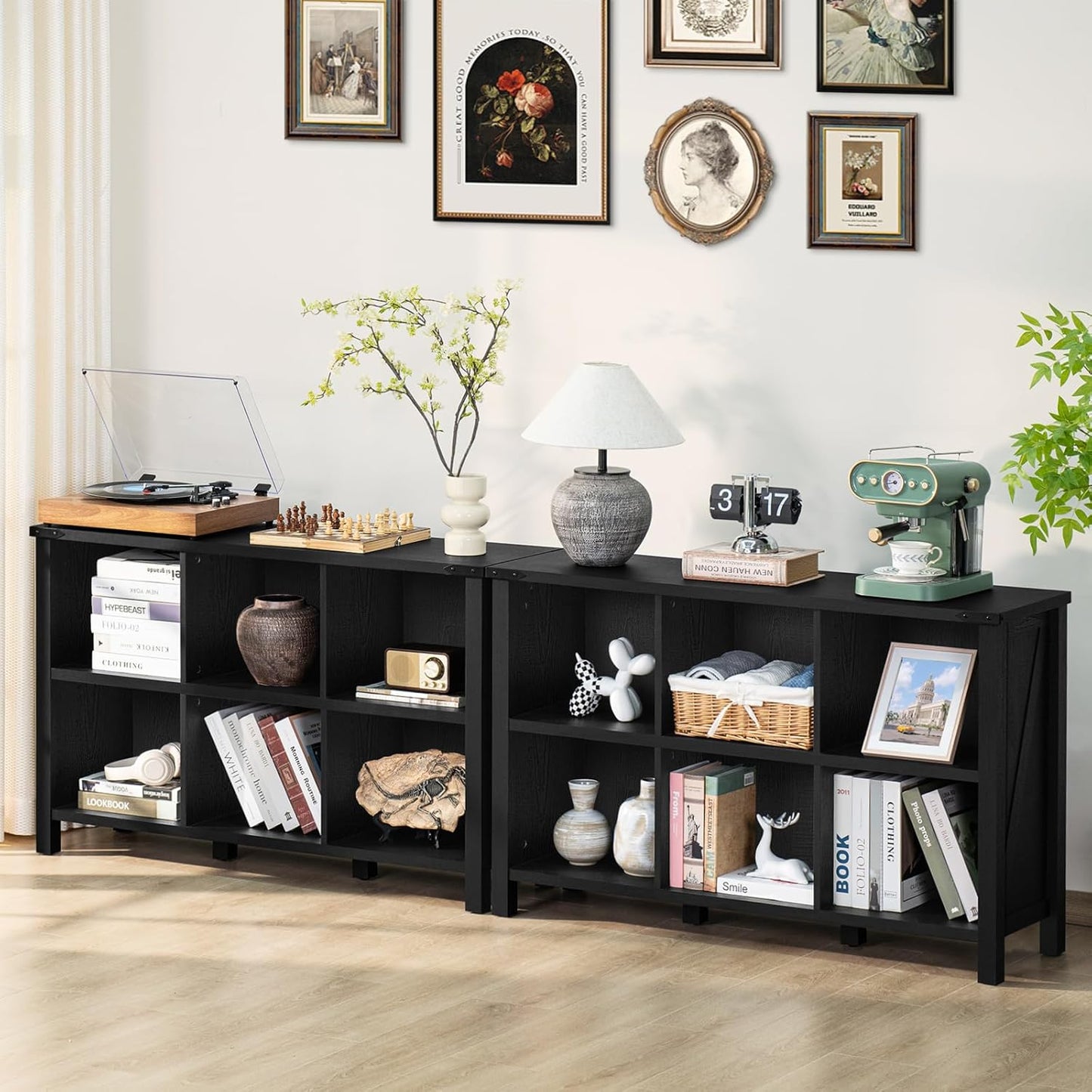 6 Cube Bookcase, Farmhouse Wood Low Storage Organizer Book Shelf, Black 47" Horizontal Console Bookshelf with Legs, Hallway Book Case for Entryway, Display Cabinet for Living Room, Office