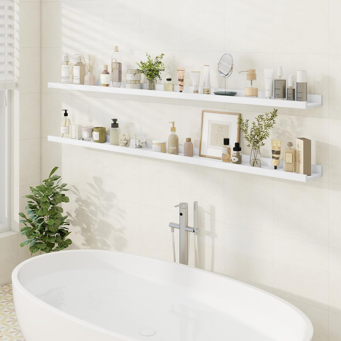 Floating Picture Ledge Shelves 72 Inch Solid Oak Wood Set of 2, Rustic Wall Storage Shelves with Lip, Kids Bookshelf, Photo & Picture Ledge Shelves for Bedroom, Living Room, Kitchen