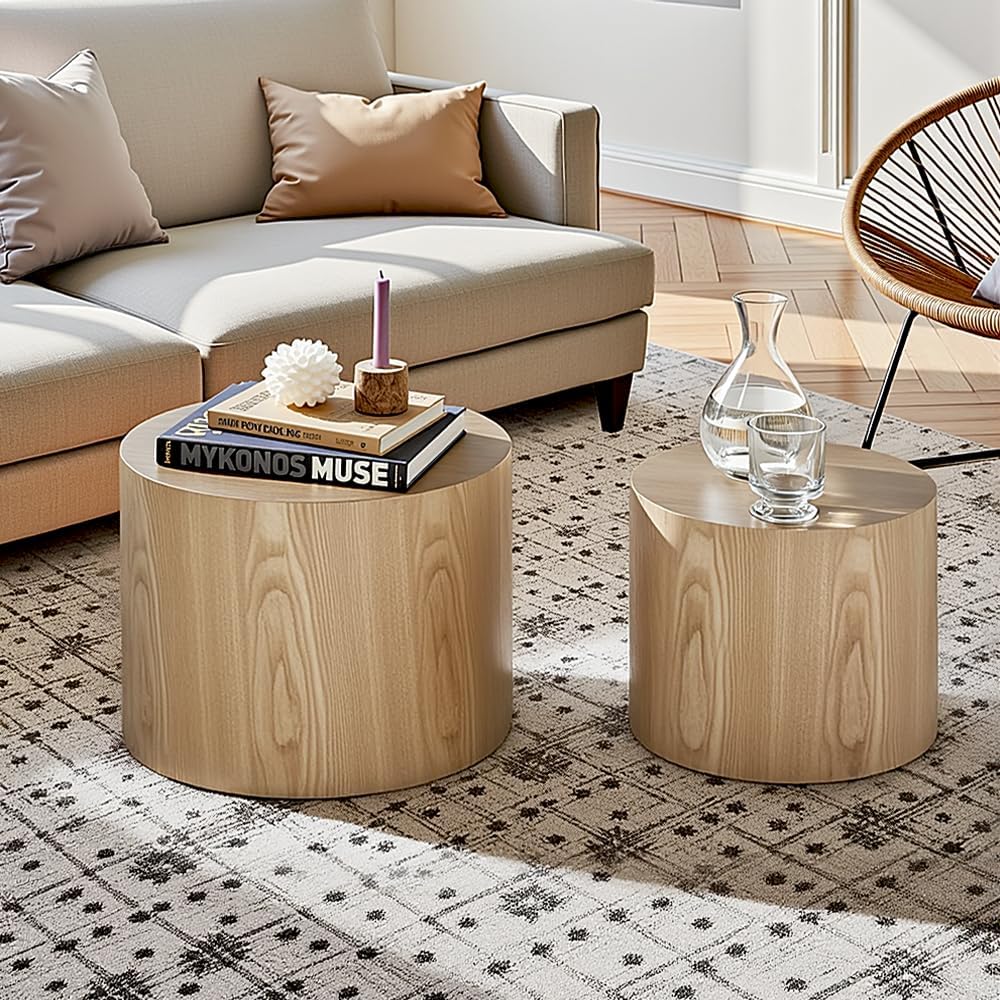 Nesting Coffee Table Set of 2, Modern Round Coffee Table with Non-Slip Feet, Oak Wooden Circle Accent Tables for Small Spaces Living Room Bedroom Balcony Office Drum Side Table