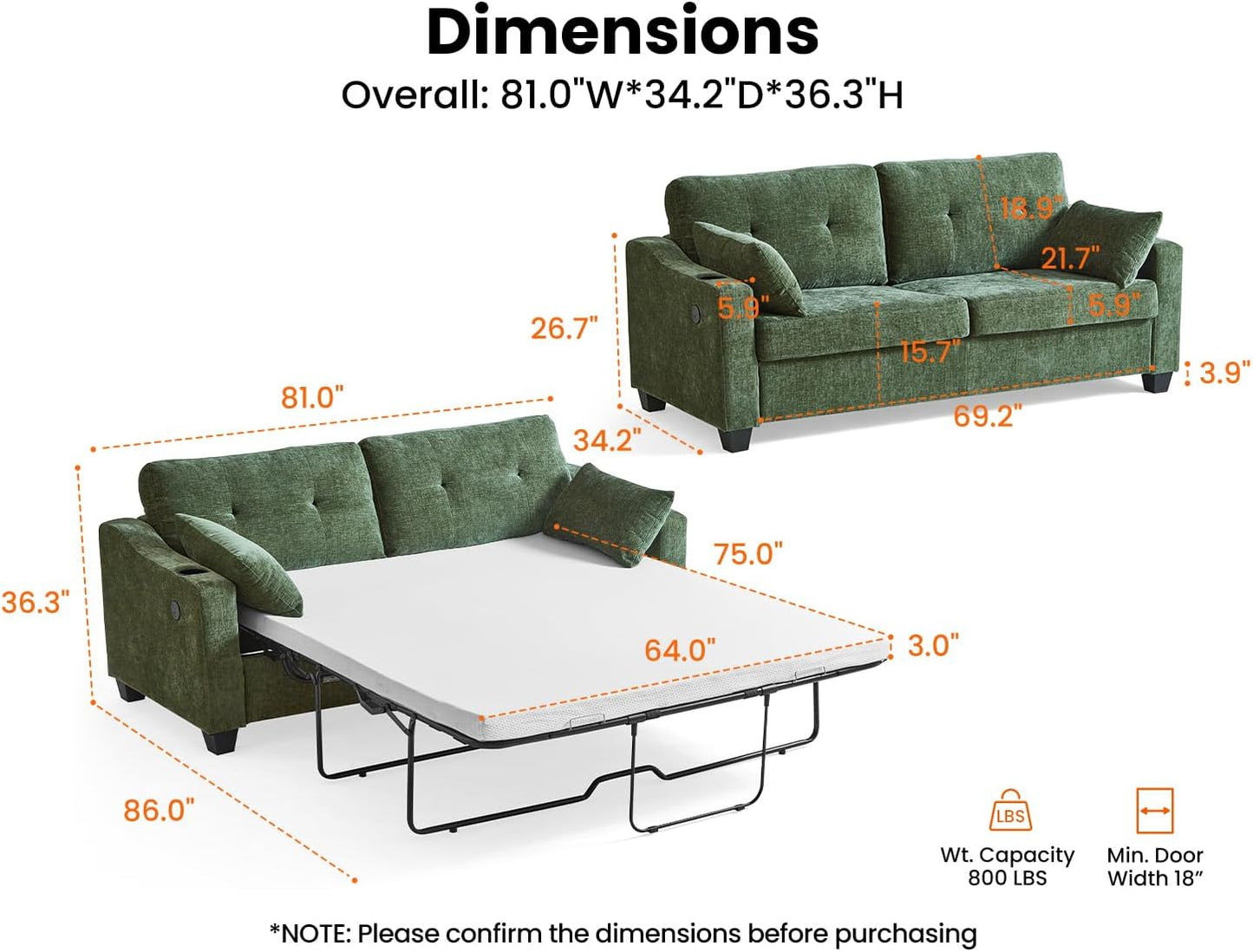 CHIC HOUSE Pull Out Sofa Bed, Full Size Sleeper Sofa, 2-in-1 Convertible Corduroy Couch with USB Charging, Memory Form Couch for Living Room, Apartment and Small Space (Green, Chenille - Queen Size)