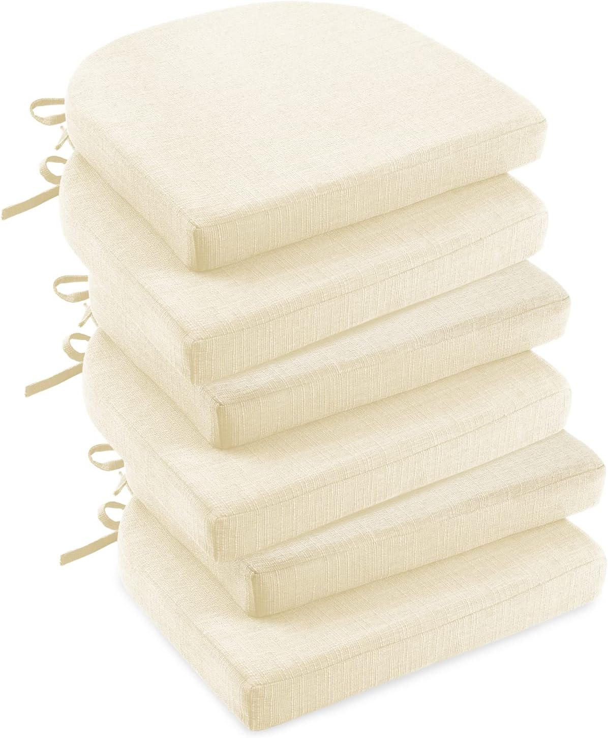 downluxe Indoor Chair Cushions for Dining Chairs, Foam Kitchen Chair Pads with Ties and Non-Slip Backing, 16" x 16" x 2", Beige, 6 Pack