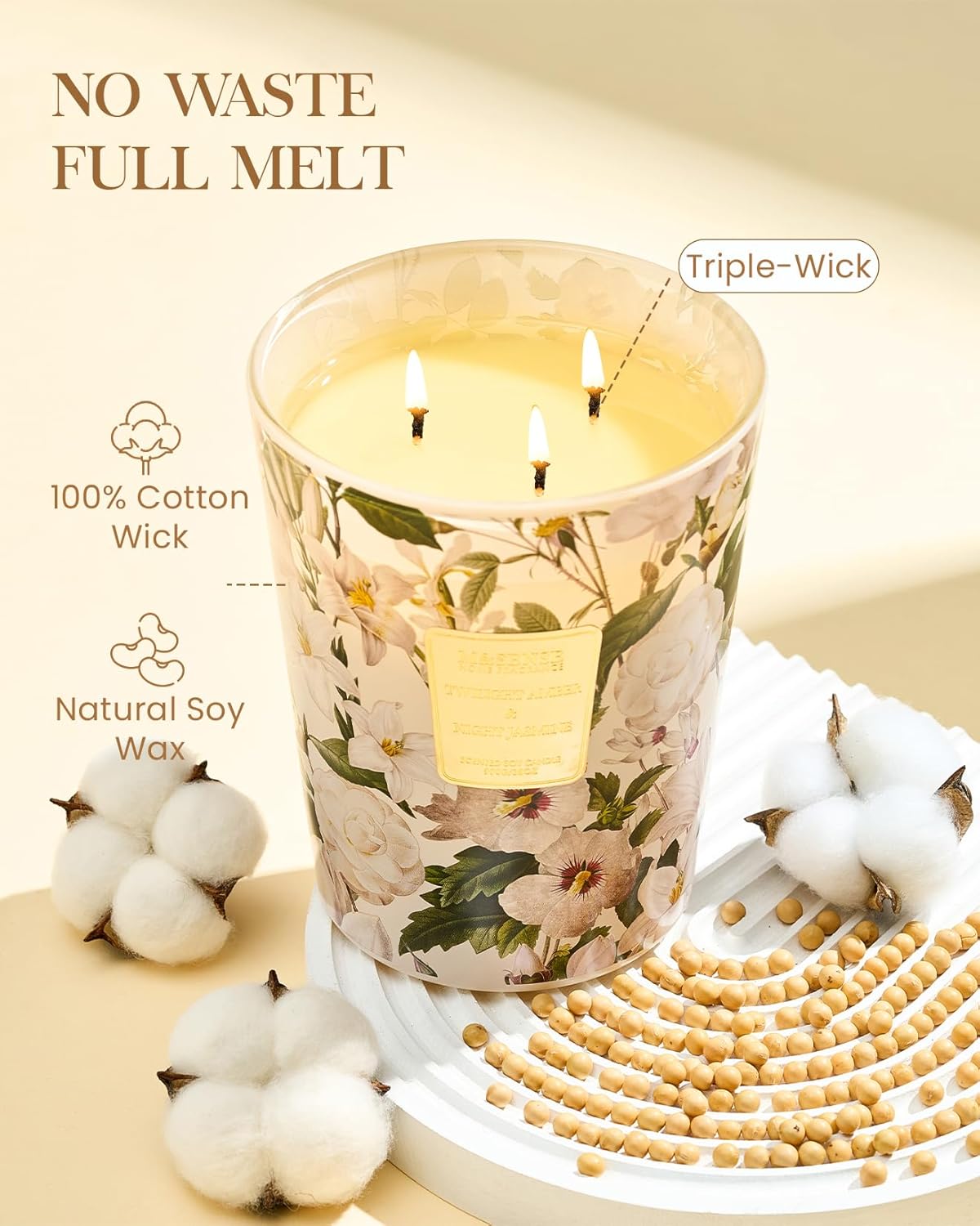 M&SENSE Amber Jasmine Scented Candle 35oz 150H Long Lasting, 3 Wick Soy Candles Aromatherapy Stress Relief Home Fragrance Housewarming Gifts