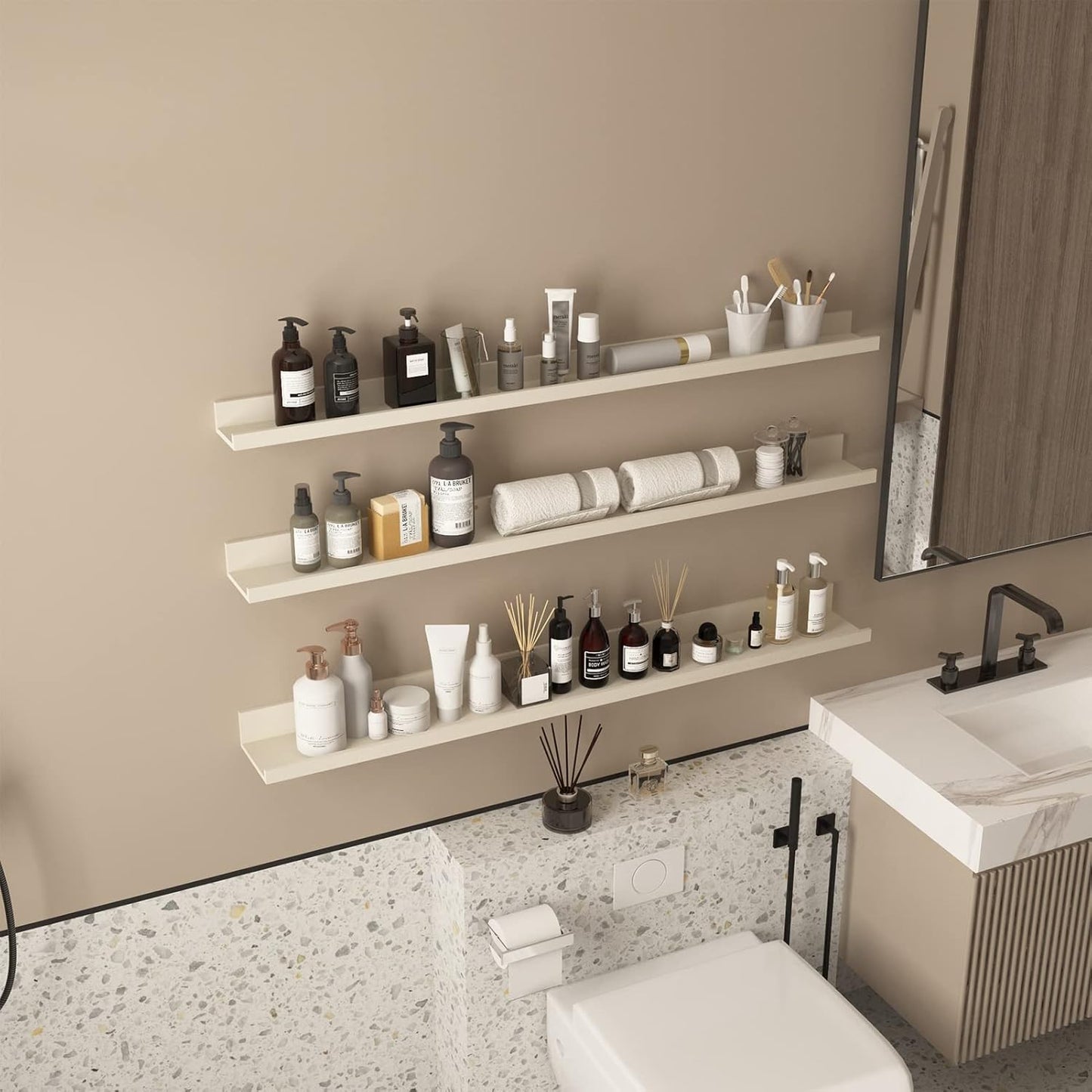 Giftgarden 47 Inch Floating Shelves for Wall Creamy White Beige Wood-Grain, Long Picture Ledge Large Wooden Photo Shelf for Living Room Bedroom Nursery Office, Set of 3 Different Sizes