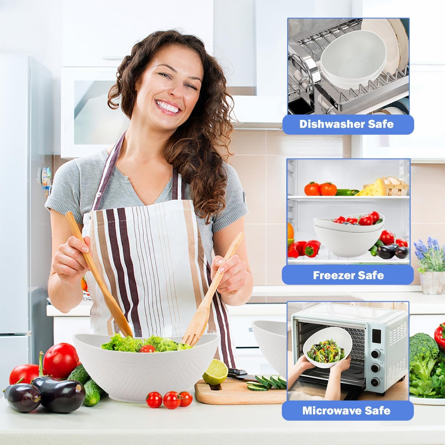 Wheat Straw Bowls Set of 2 with Textured Pattern,Unbreakable Large Salad Bowls,Plastic Bowls Dishwasher & Microwave,Sturdy and Stackable Kitchen Bowl Sets for Serving,Oatmeal.White