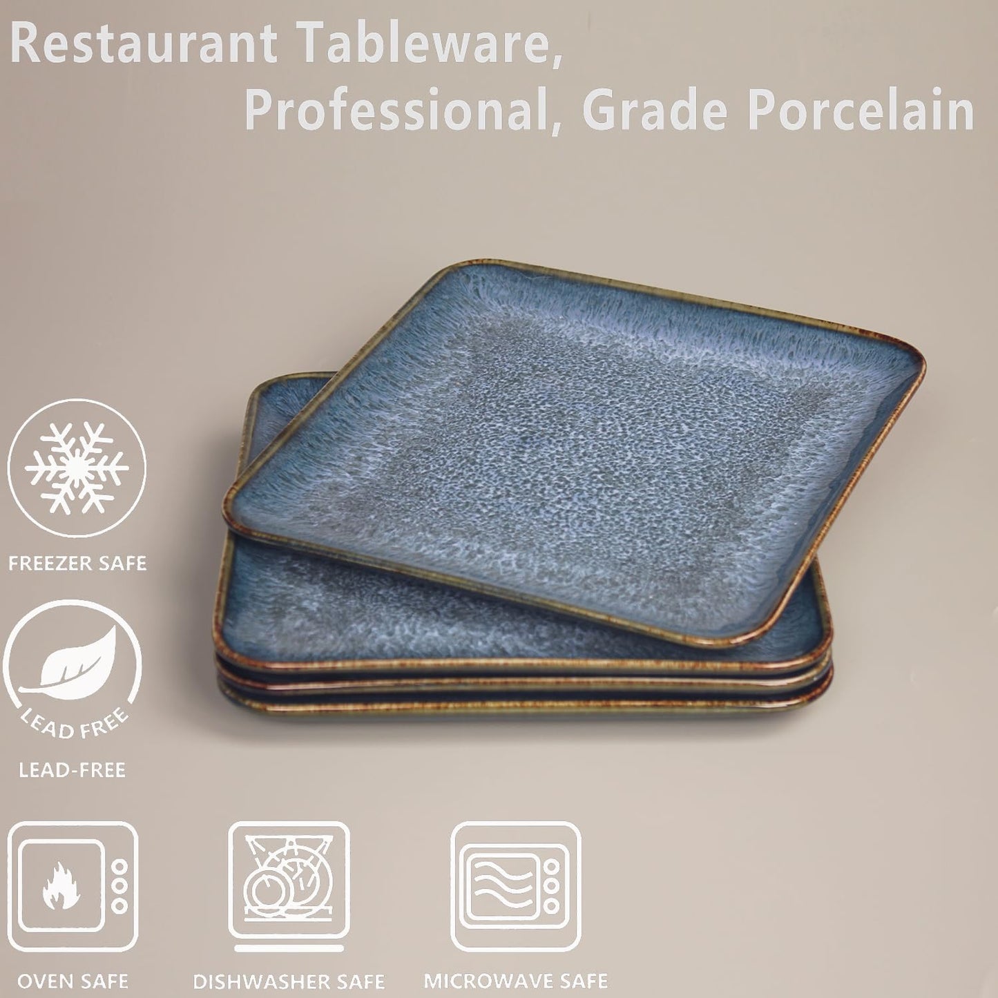 Ceramic Dinner Plates Dish Set, Set of 4, Microwave Oven and Dishwasher Safe, Scratch Resistant, Dinnerware Kitchen Porcelain Serving Dishes Blue, 9 inch Square plate