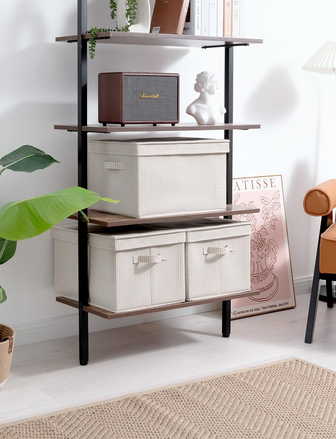 StorageWorks Storage Bins with Lids, Decorative Storage Boxes with Lid and Handles, Foldable Storage Baskets for Closet, Shelves, Stackable, Khaki Stripe, Jumbo, 3-Pack