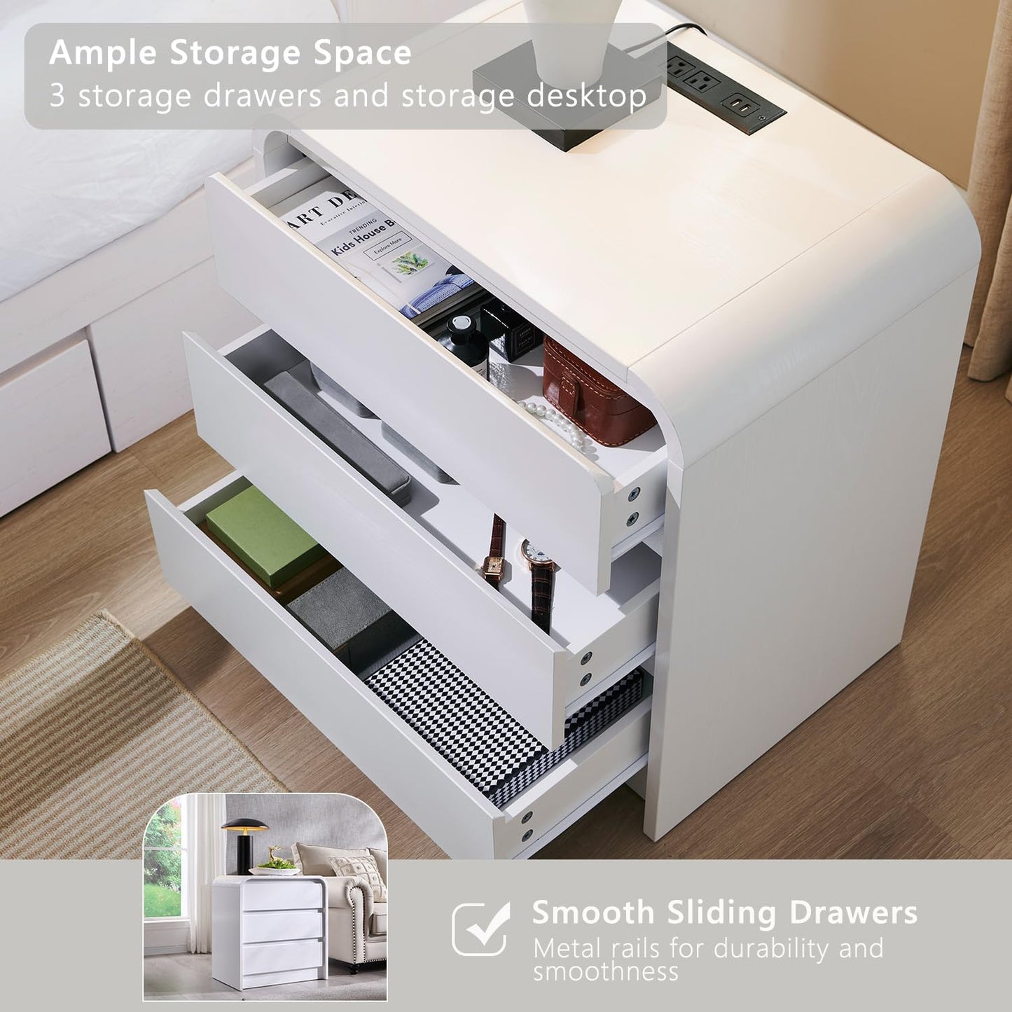 25" Tall Modern Nightstand with Charging Station, 23.6'' Wide Wood Bedside Table w/3 Storage Drawers, Small Dresser w/Curved Profile Design, End Table for Bedroom, White
