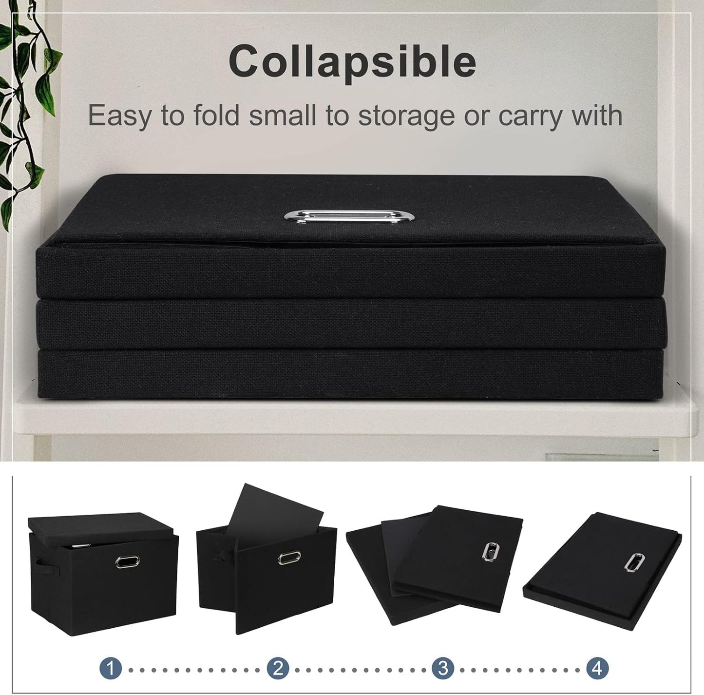 Large 17" 36 Quart Collapsible Stackable Storage Bins with Lids, 1 Pack Black Foldable Fabric Closet Storage Boxes with Lids, 4 Handles Heavy-duty Linen Cube Baskets for Bedroom
