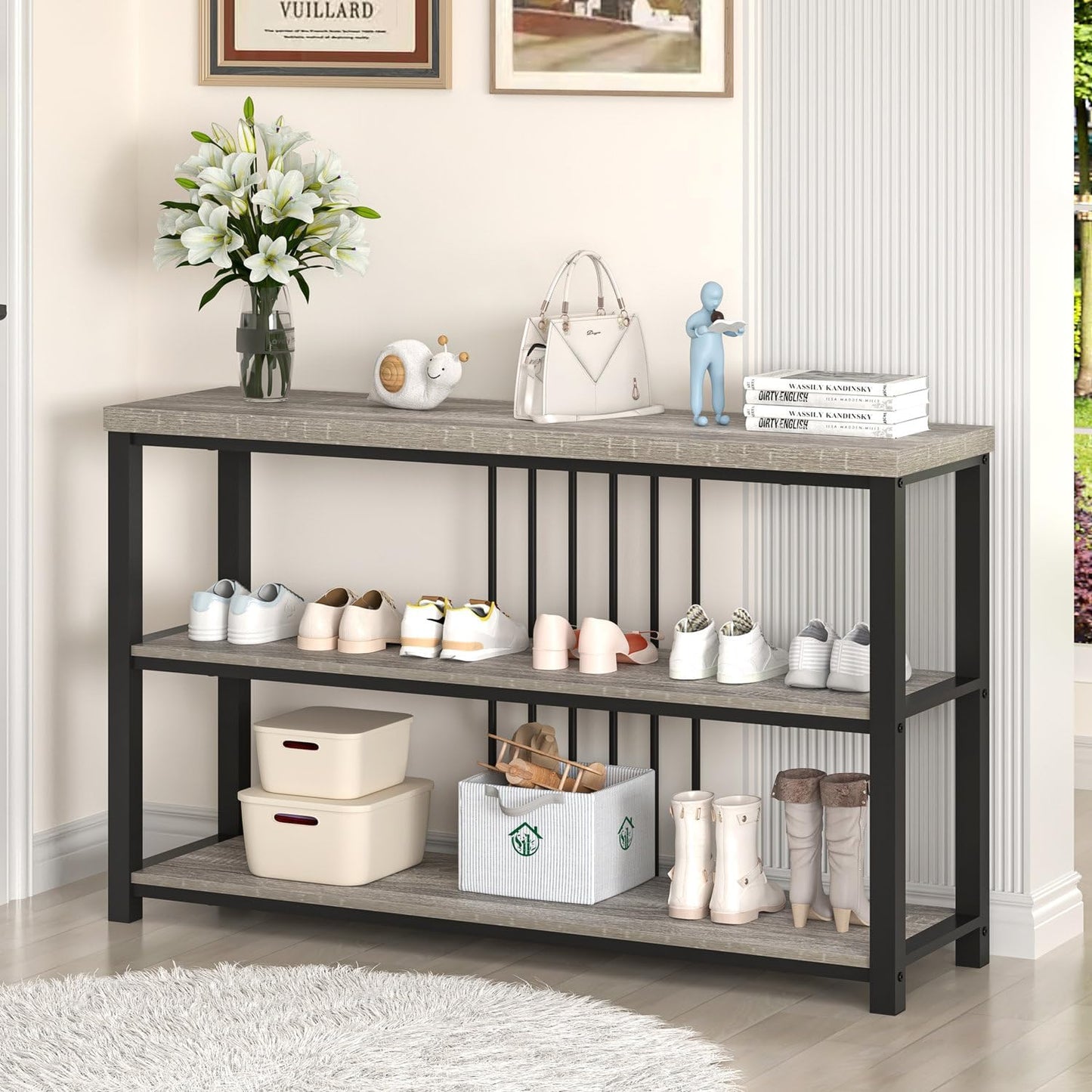 FOLUBAN Console Tables for Entryway, Sofa Table with 3 Tier Storage for Living Room Hallway Foyer Behind Couch, Rustic Light Grey