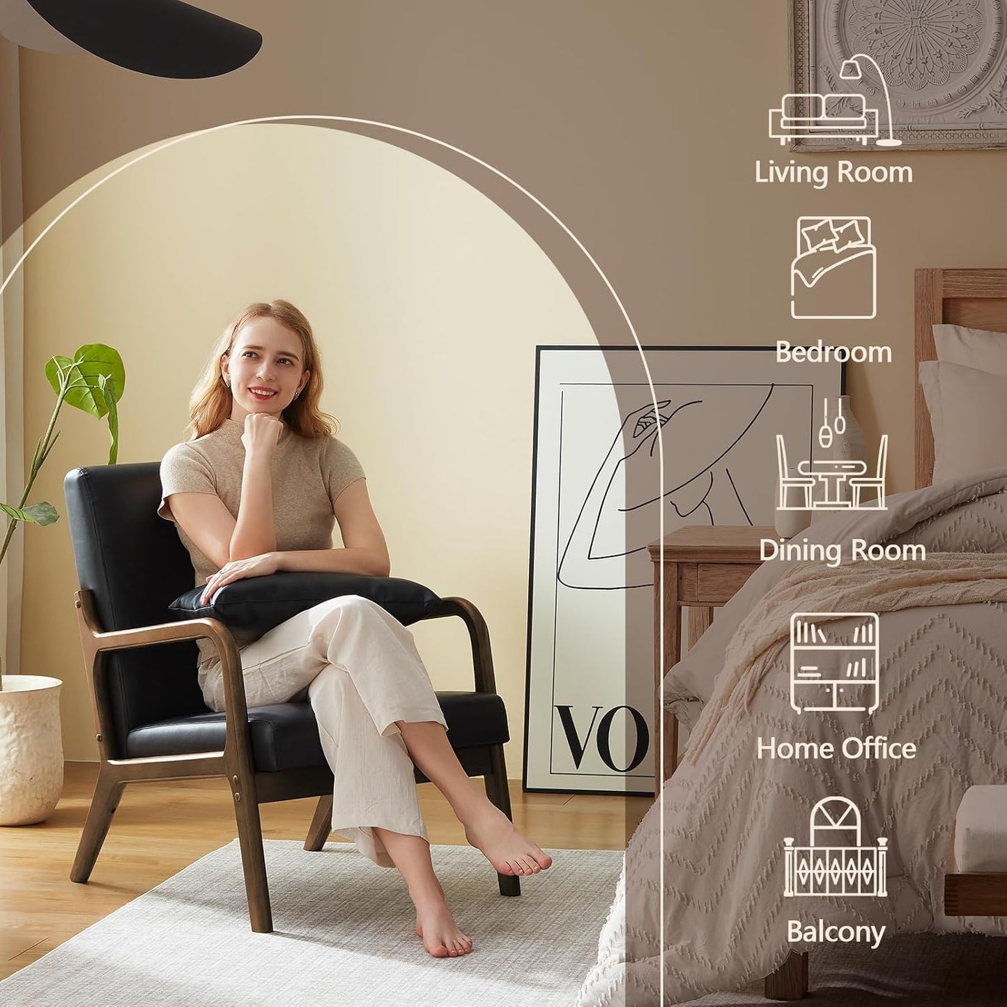 Accent Chair Mid Century Modern Armchair with Lumbar Support Pillow Wood Legs PU Leather Upholstered Lounge Chairs Comfy High Back Cushion for Living Room Bedroom