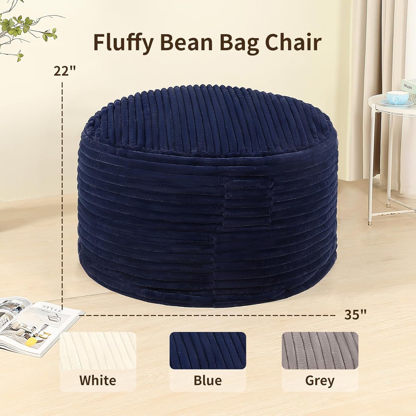 Memory Foam Bean Bag Chair for Adults/Teens, Bean Bag Sofa with Fluffy Removable Cover, for Living Room Bedroom, 3FT Blue