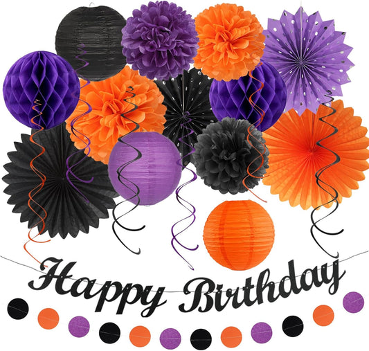 Black-Purple Orange Halloween Birthday Party-Decorations - 21pcs Happy Banner,Paper Lanterns Honeycomb,Tissue Pom Poms Flower Fan,Kids Classroom Hanging Streamers Garland Decor Supplies Huglony