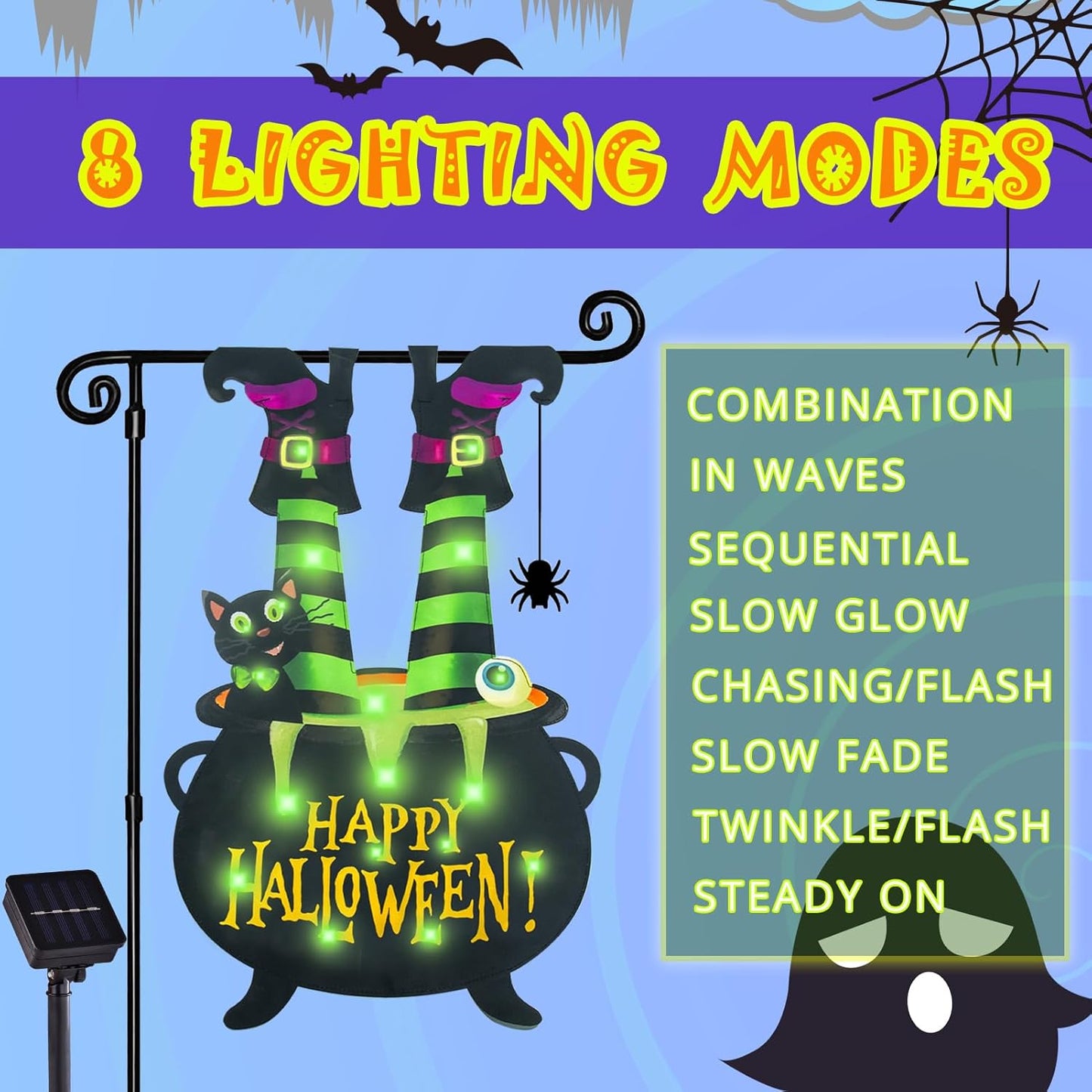 Halloween Lighted Garden Flag for Outside, Witch Feet Shape Flag Yard Decor, 8 Modes 12x18 Double Sided Cauldron Eyeball Black Cat Outdoor Hlloween Decorations for Home Porch