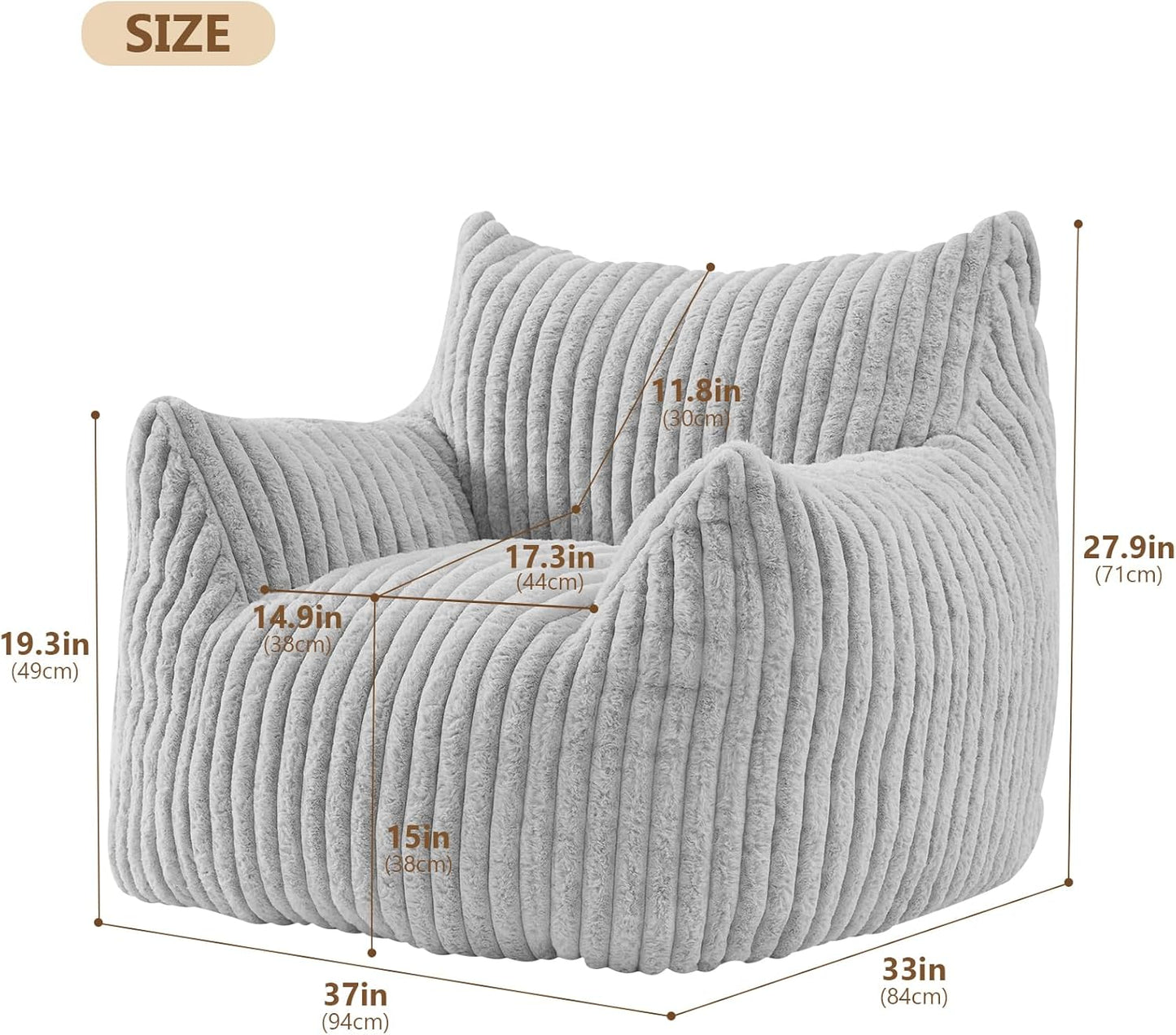 Giant Bean Bag Chairs for Adults Teens, Large Bean Bag Sofa Chairs with Filling Comfy Fuzzy BeanBag Chair with Armrests for Bedroom Living Room Reading