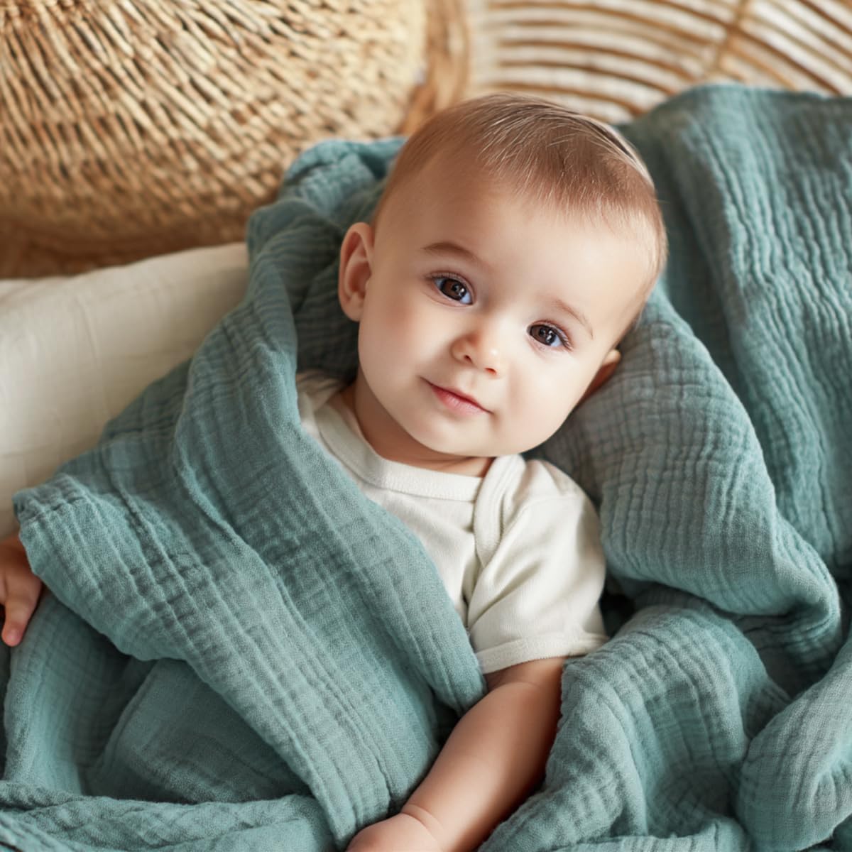 EMME Muslin Baby Blankets 100% Cotton 4-Layer Swaddle 40"x50" Lightweight Soft Breathable for Toddler, Infant, Newborn All Season Gauze Blanket, Teal