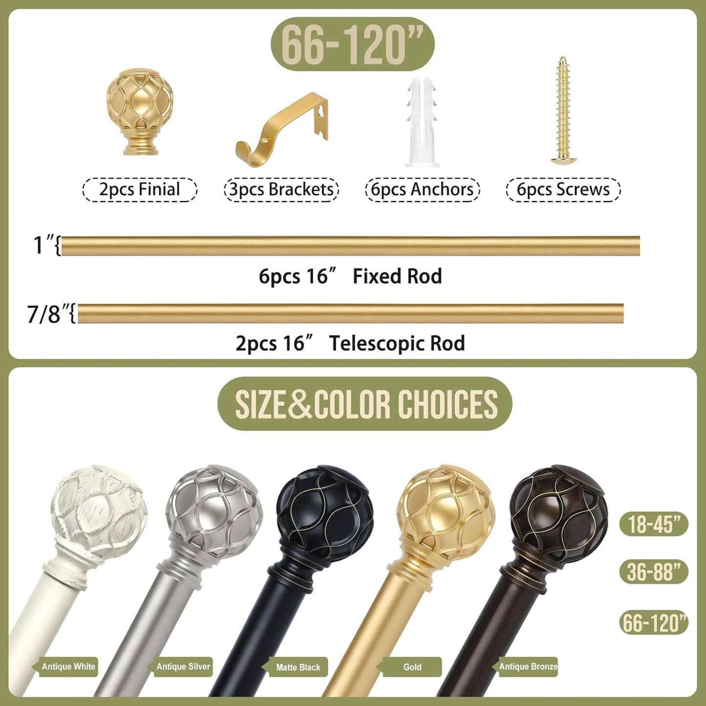 Gold Adjustable Curtain Rods for Windows:66-120 Inch Farmhouse Heavy Duty Curtain Rod for Bedroom Living Room,Boho Decorative Rustic Drapery Rods with Vintage Coastal Texture Finial,Brass Gold