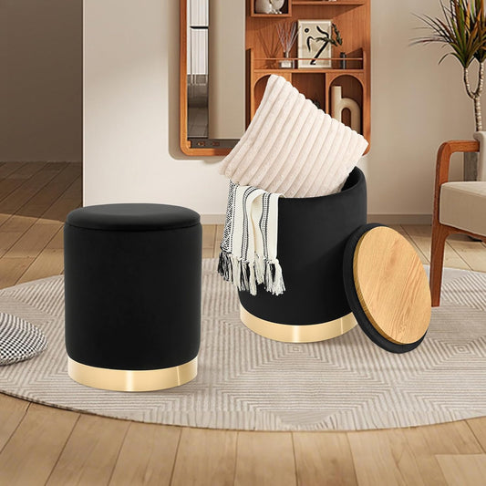 Round Ottoman with Storage Set of 2, Upholstered Velvet Storage Ottomans, Vanity Stool, Multifunctional Ottomans, Coffee Table Foot Rest Ottoman for Living Room Bedroom, Black