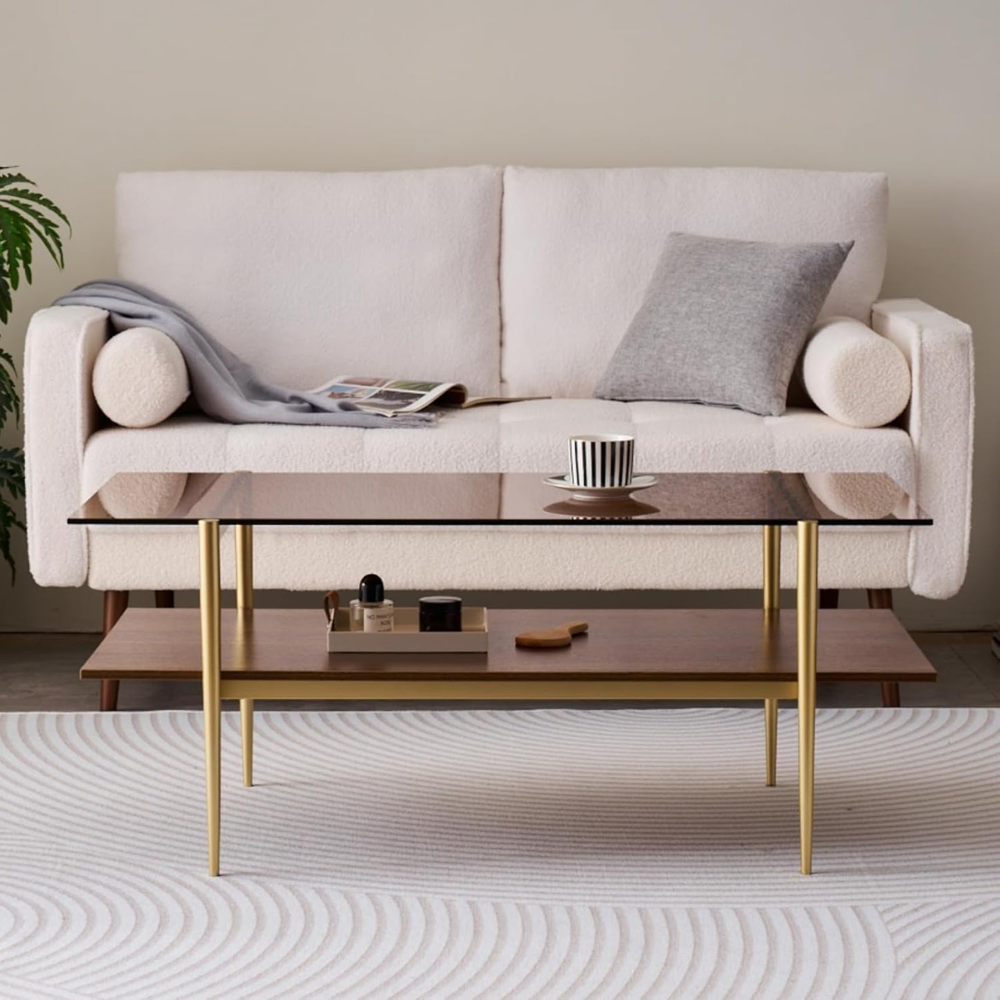 Rectangle Coffee Table, Mid-Century Modern Design, L41 W21 x H17, for Living Room, 2-Tier Structure, Amber Glass Top and Walnut MDF Shelf, Sleek Conical Metal Legs with Gold Finish