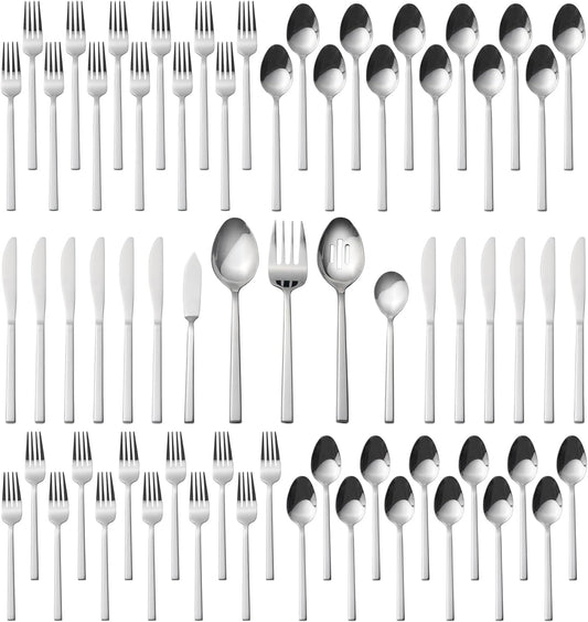 Alata Cube 65-Piece Forged Stainless Steel Flatware Set Cutlery Set with Utensil-Serving Set, Silverware Set Service for 12, Mirror Finish, Dishwasher Safe