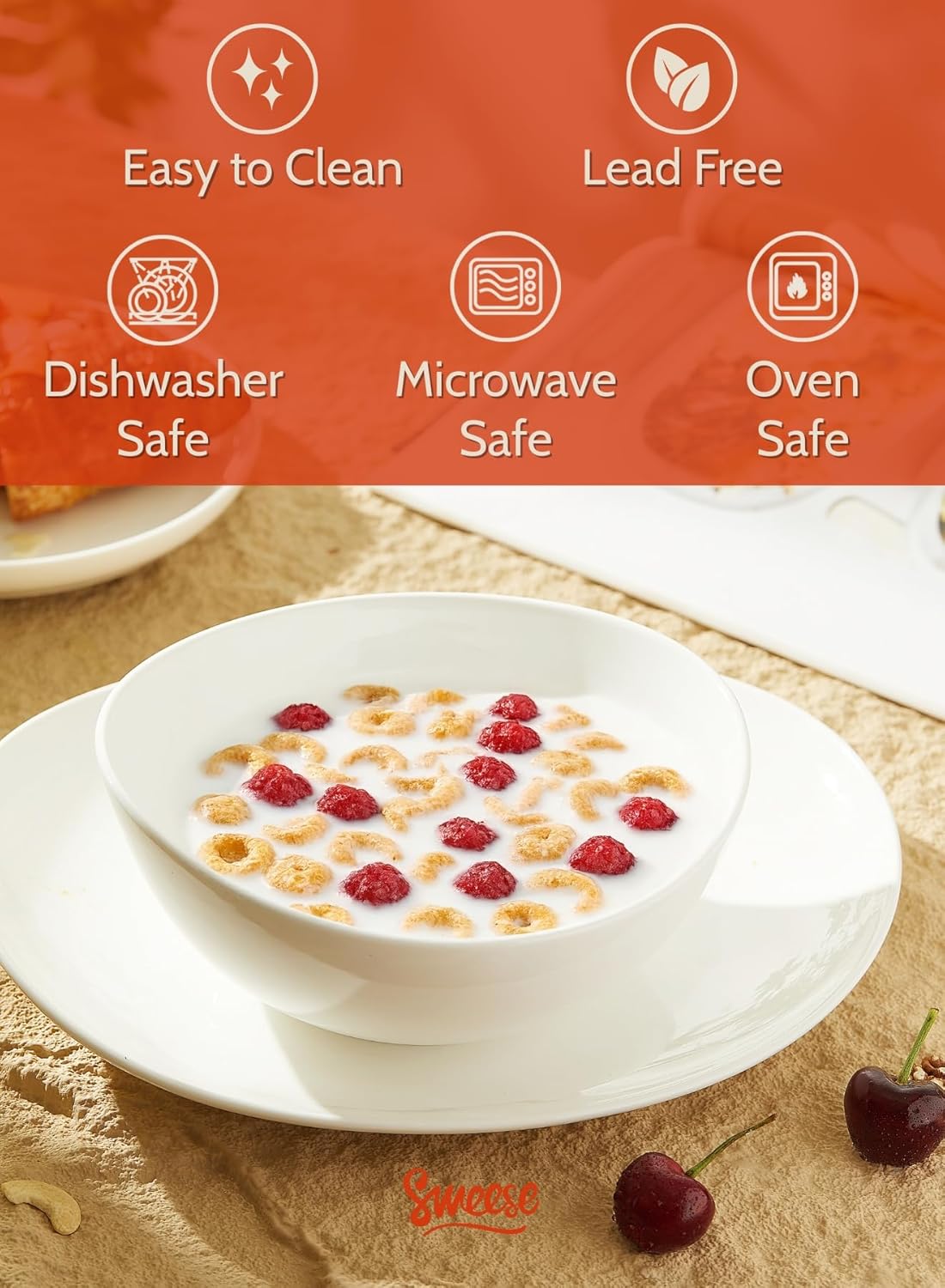 Sweese 7 Inch Porcelain 28 oz Bowls Set of 6, for Soup | Cereal | Pasta | Salad | Ramen | - Microwave, Dishwasher, and Oven Safe - White