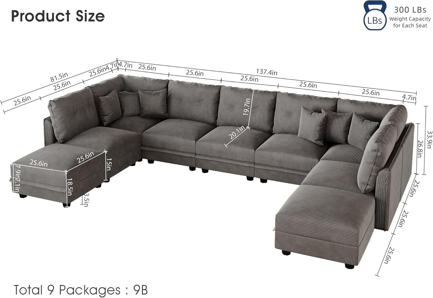 LLappuil Modular Sectional Sofa with Storage Seats, Corduroy Convertible Modular U Shaped Sectional Couch for Living Room, 9 Seat Oversized Sofa with 9 Back Cushion 9 Throw Pillow, Grey