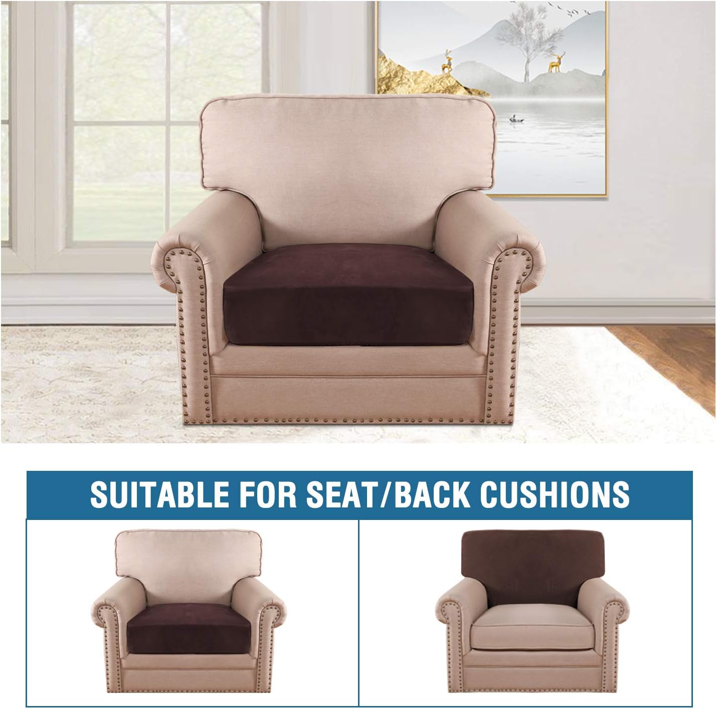 H.VERSAILTEX Velvet Stretch Couch Cushion Cover Plush Cushion Slipcover for Chair Cushion Furniture Protector Seat Cushion Sofa Cover (1 Piece Armchair Cushion Covers, Brown)