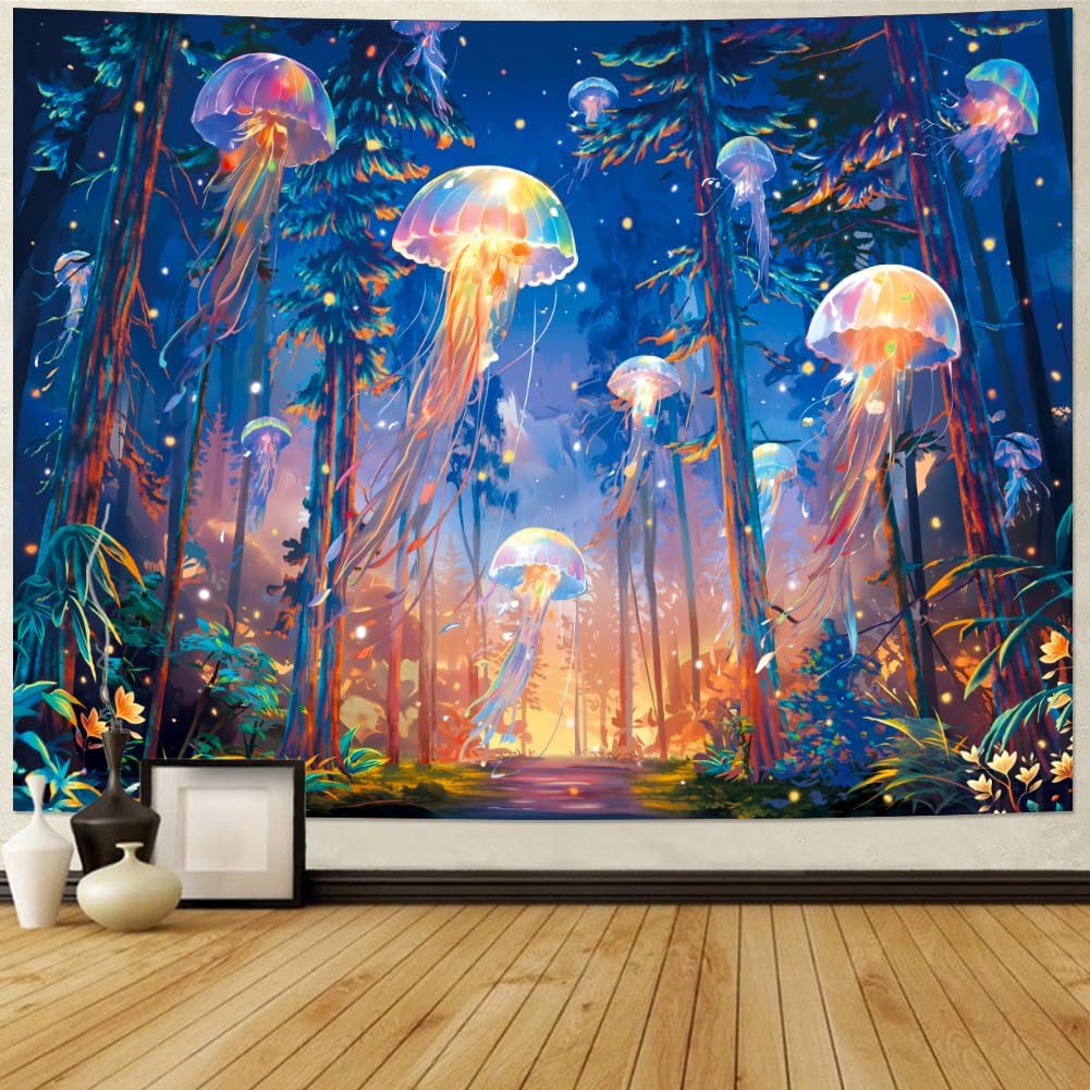 Blacklight Forest Jellyfish Tapestry UV Reactive Nature Tree Tapestry Trippy Fantasy Starry Sky Tapestries Aesthetic Jungle Plants Tapestries Wall Hanging for Bedroom