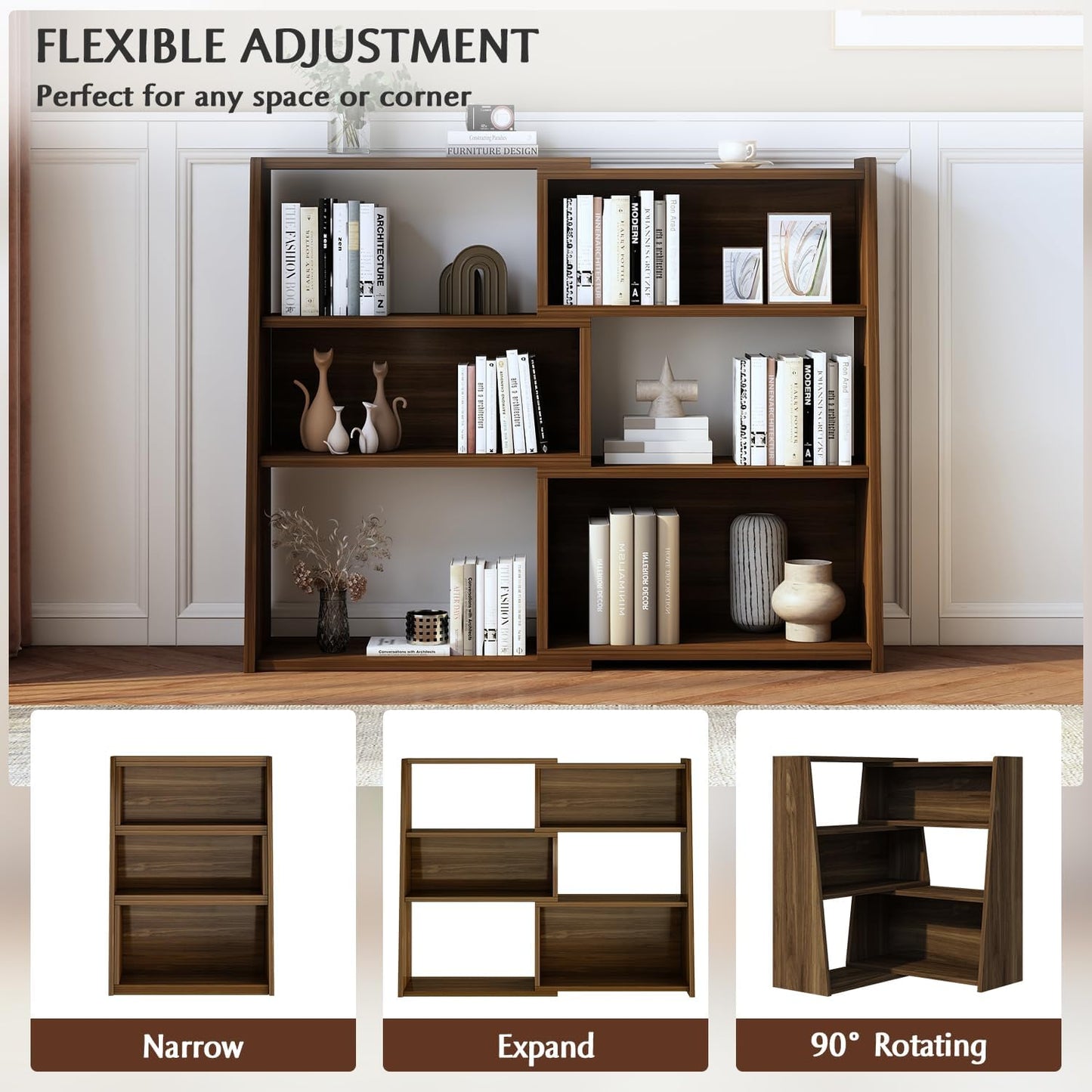 IOTXY Wooden Extendable Shelf Bookcase - 3-Tier Ladder Low Short Bookshelf for Small Space or Corner, Dark Walnut, S