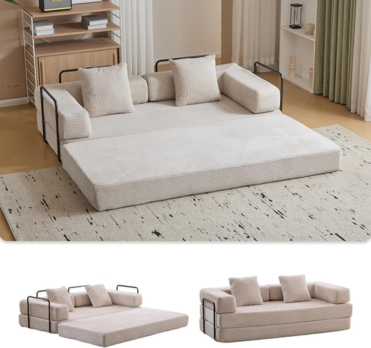 Convertible Sleeper Sofa Bed, Compression Folding Sofa with Pillow, No Assembly Required, Shape Frame, Floor Sofas Lounge Couch for Living Room, Bedroom, Small Spaces(Corduroy, 77''W, Off-white)