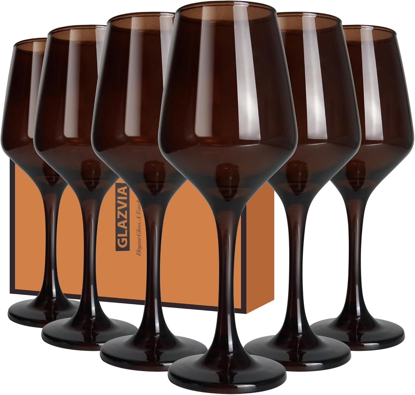 Brown Wine Glasses Set of 6-14oz Long Stem Wine Glass, Pretty Crystal Glassware, Hand Blown Goblets Drinkware, Unique Stemware Wine Glass Holiday Gift Set