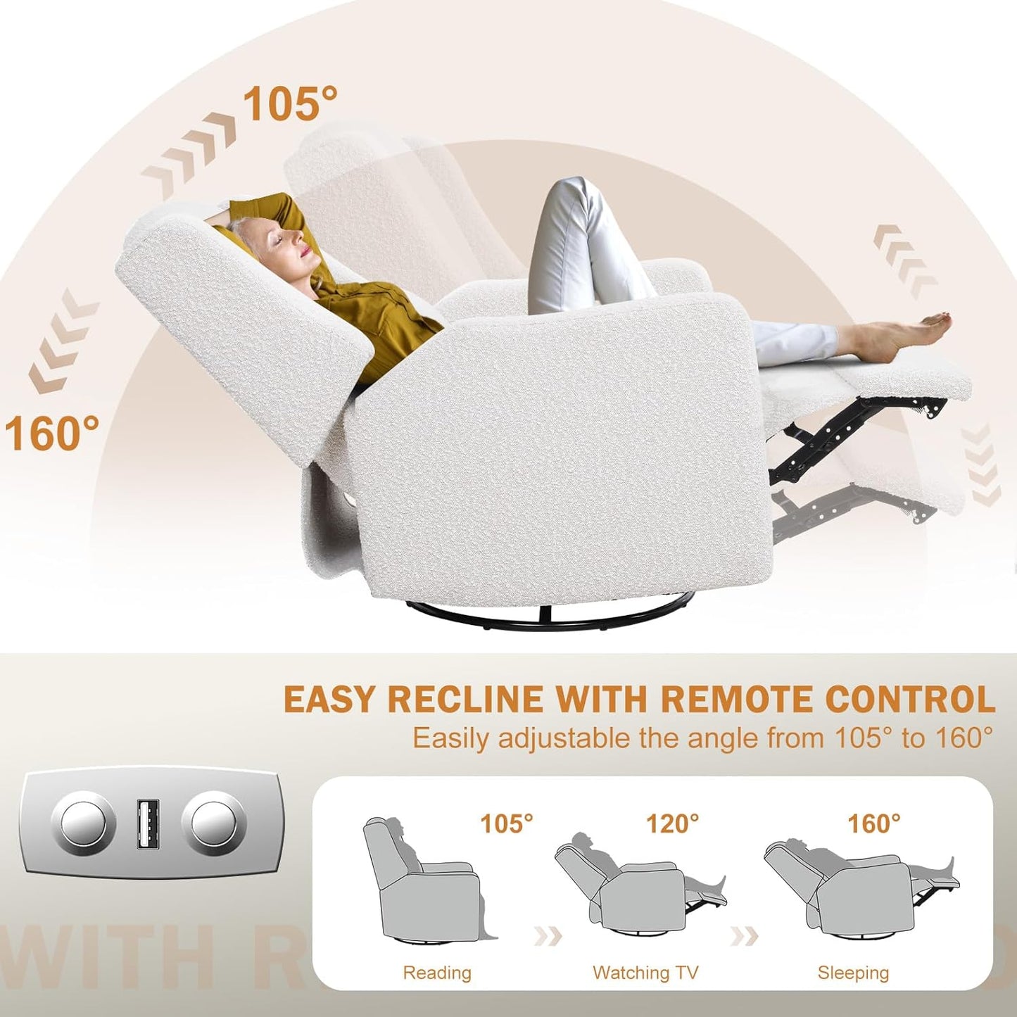 Power Recliner Chair Swivel Glider, Large Rocker Recliner with Ottoman & USB Charging Port, Boucle Upholstered Swivel Rocker Glider Recliner for Nursery,Bedroom,Living Room, Cream