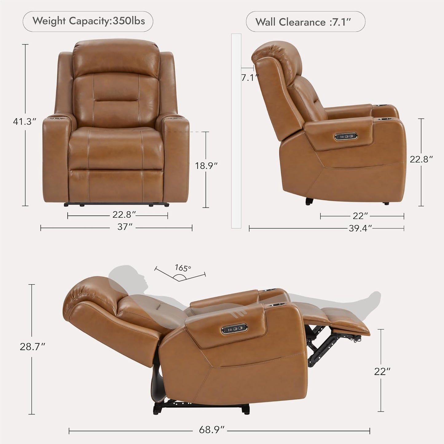 Watson & Whitely Genuine Leather Power Recliner Chairs for Adults, Lay Flat Recliner with Power Headrest, USB Ports and Cup Holders, Electric Reclining Sofa for Living Room, Bedroom, Saddle Brown