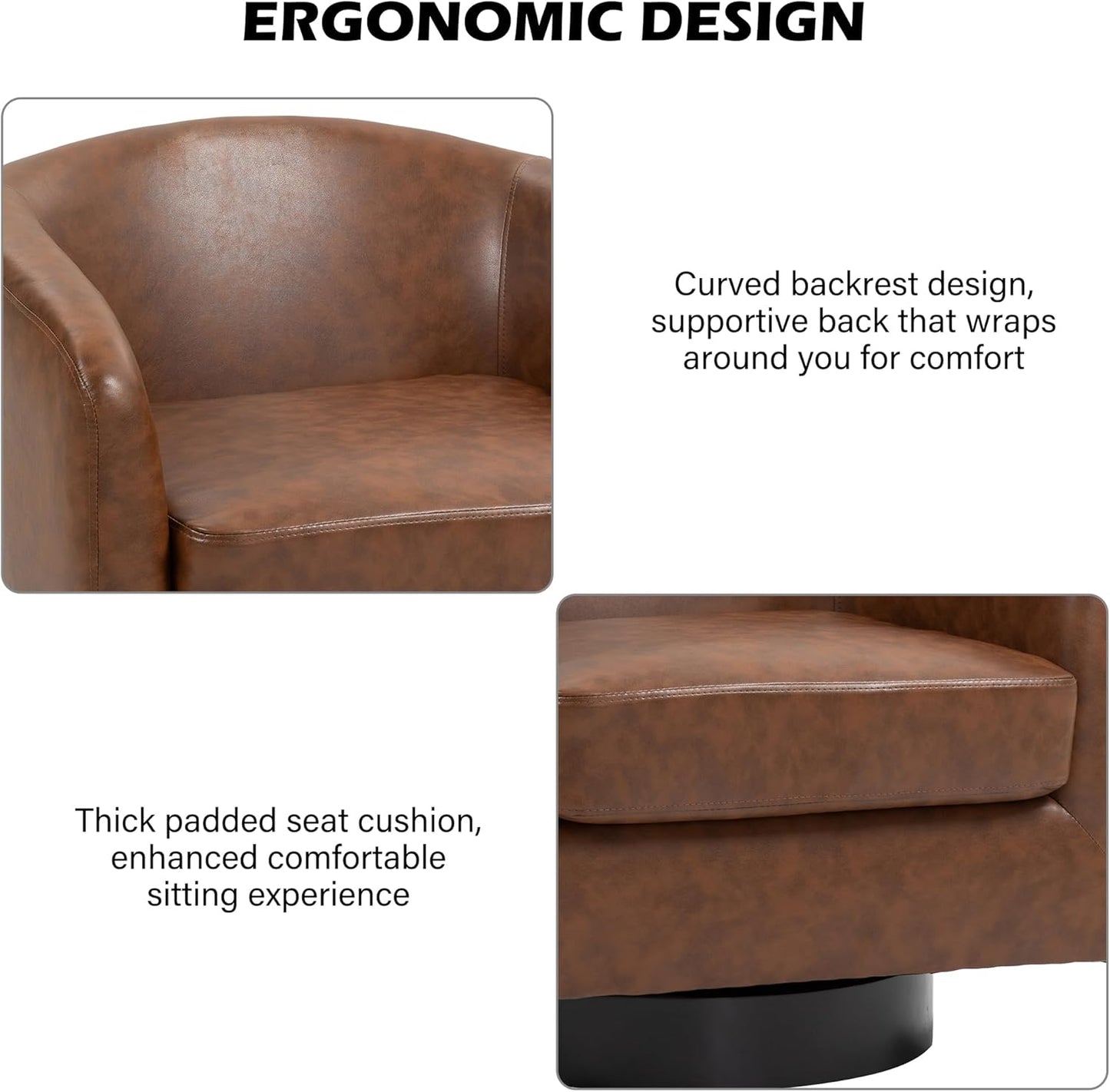 Swivel Barrel Accent Chair, Modern Round Faux Leather Arm Chair for Living Room, Bedroom, Comfy Club Reading Chairs for Adults(Faux Leather, Coffee, Set of 4)