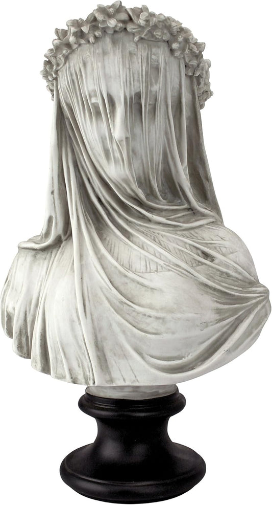 Design Toscano Veiled Maiden Indoor Bust Statue, 9 Inch Wide, 14 Inch Tall, Cast Stone Resin, Antiqued White Finish with a Black Painted Base