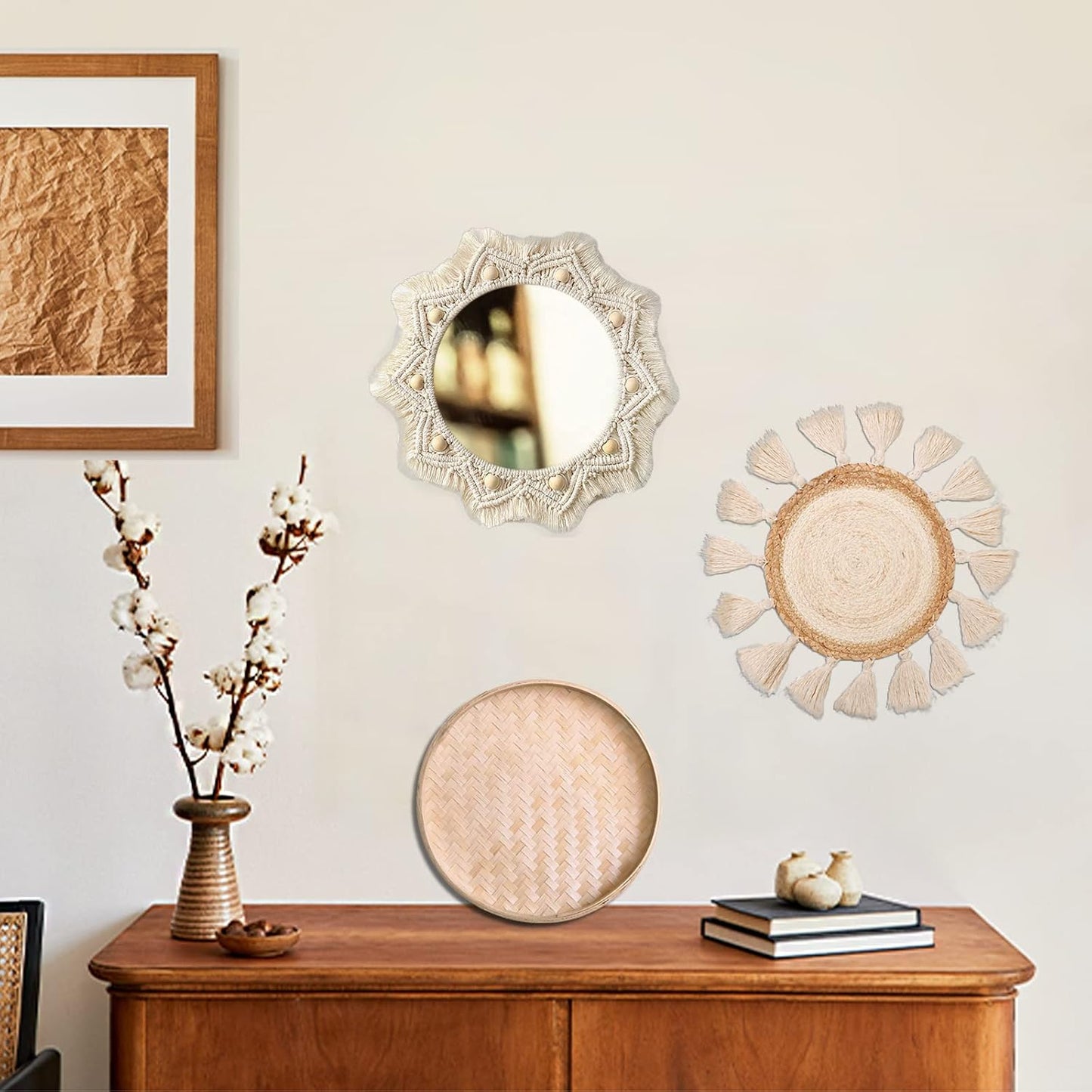 Boho Wall Basket Decor Set - Flat Woven Macrame Tapestry, Mirror White Round Tassels, Handmade Rattan Wicker Seagrass Wall Basket