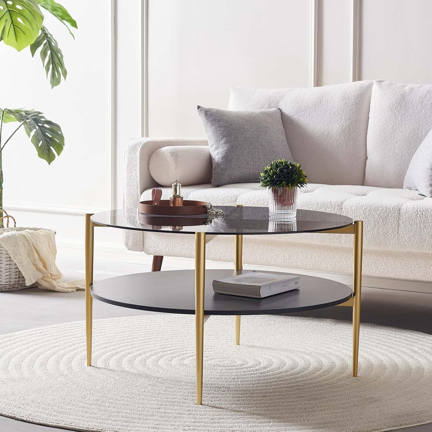 Round Coffee Table for Living Room, Mid-Century Modern Design, D30 x H17, 2-Tier Structure, Grey Glass Top and Black Marble Finish Wood Shelf, Sleek Conical Metal Legs with Gold Finish Frame