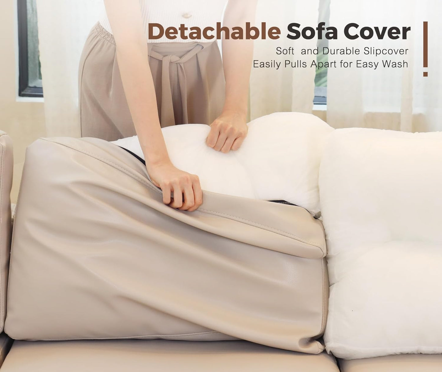 91.5" Faux Leather Modular Sectional Sofa, L Shaped Couch Set for Living Room, 3-Seater Comfy Cloud Couches with Movable Storage Ottoman,DIY Combination - Whitesand