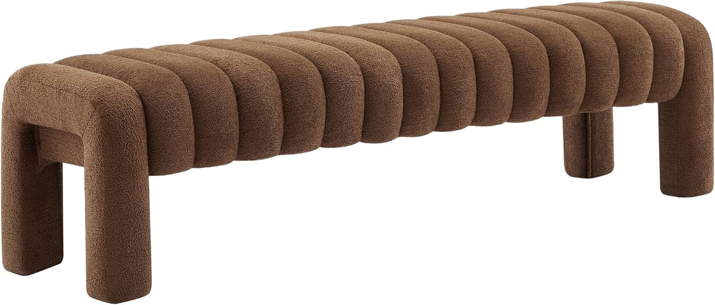 63" Bedroom Bench, Upholstered Entryway Bench, Modern End of Bed Ottoman with Solid Wood Legs and Adjustable Foot Pegs for Entryway, Dining Room and Living Room (Brown Boucle)