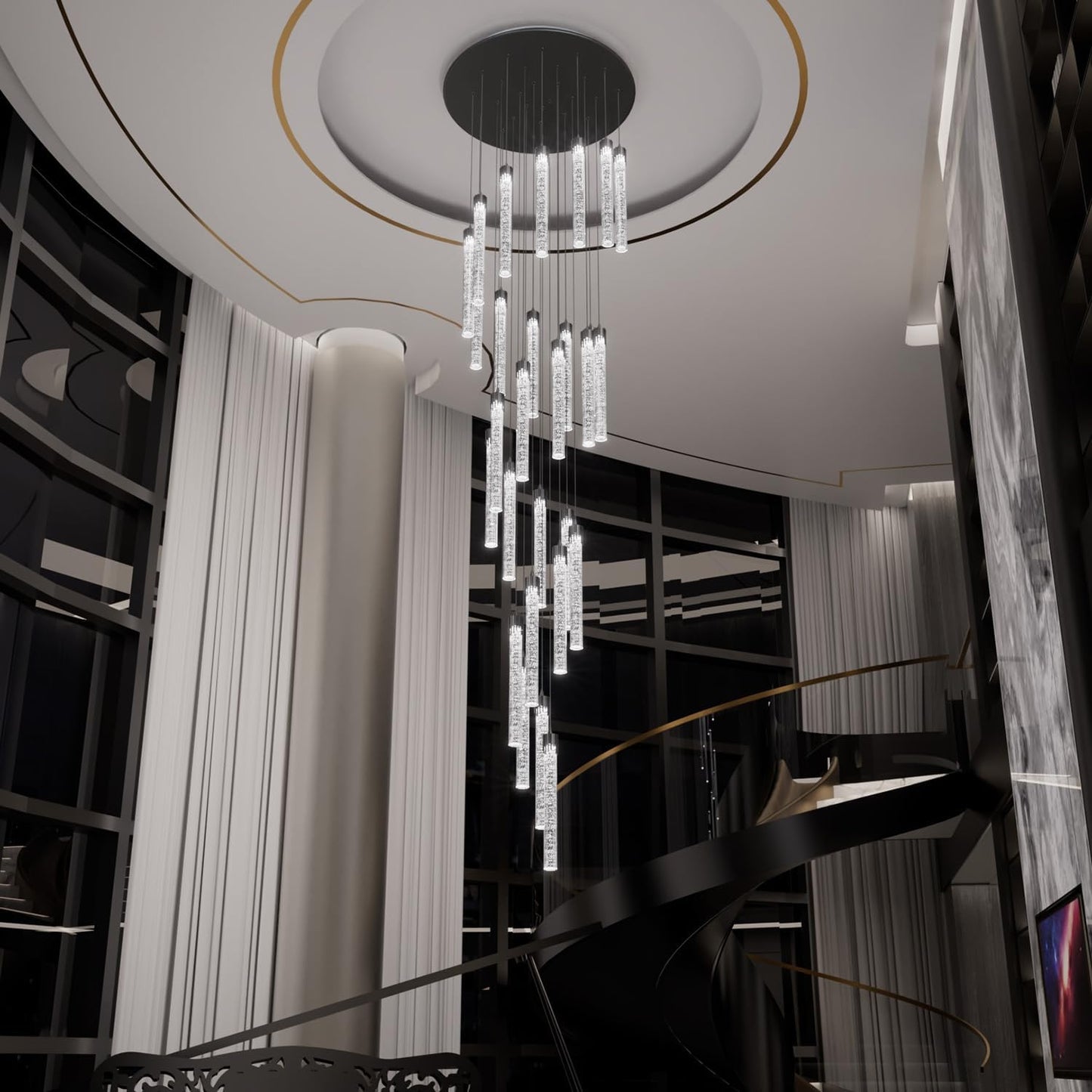 H150'' Modern Chandelier Modern Led Chandeliers Foyer Chandelier Stairs Large Chandelier Adjustable Black Chandeliers Pendant Lighting Fixture Hanging Ceiling Light