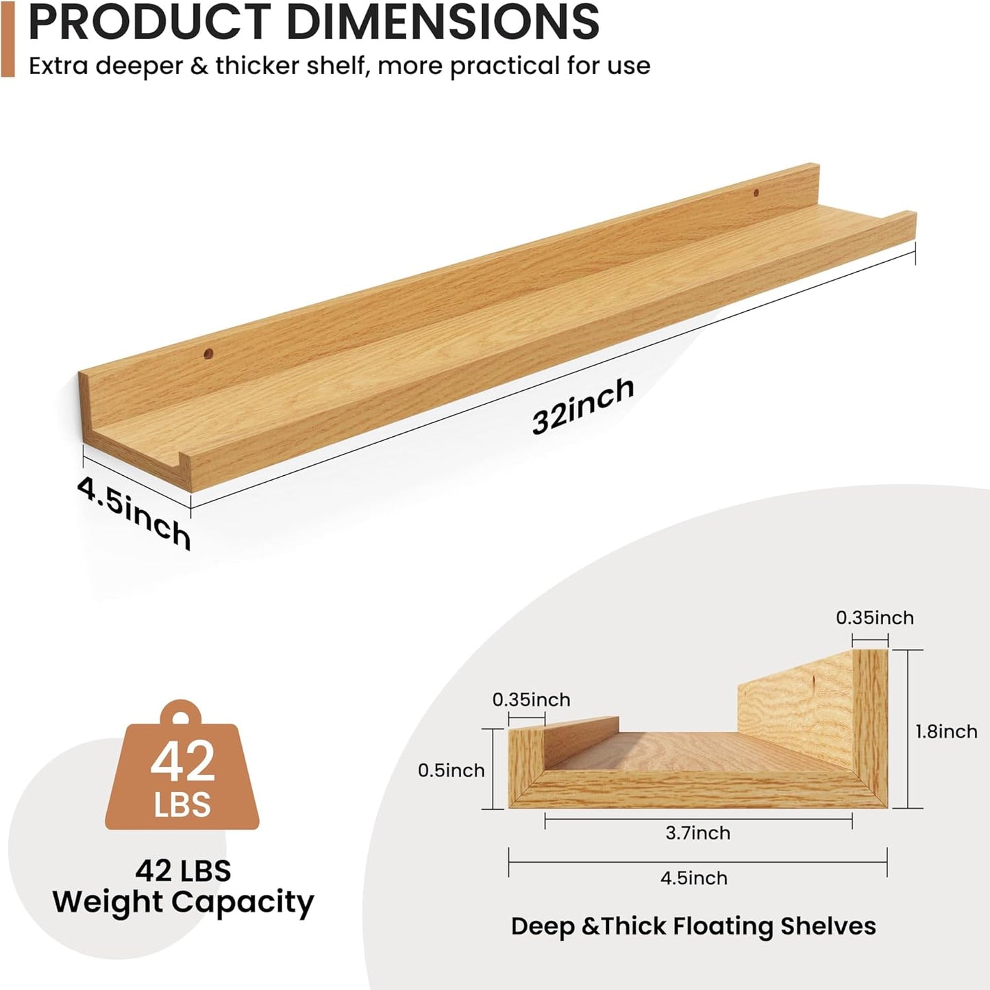 Fun Memories Picture Ledge Shelves Set of 2, 32 Inch Rustic Wall Mounted Floating Shelves with Lip for Home Storage and Décor in Bathroom, Kitchen, Nursery, Bedroom, Living Room, Oak