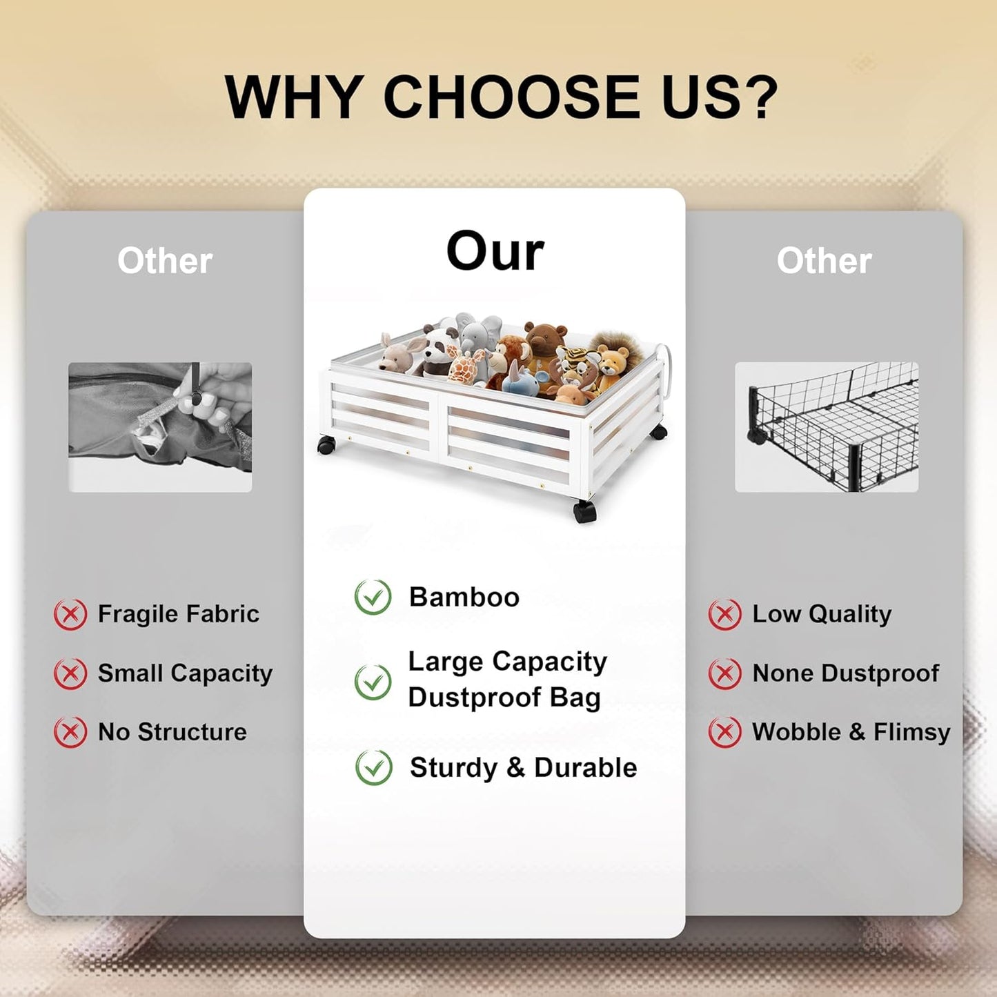 Under Bed Storage Containers With Wheels - 2 Pcs Bamboo Wood Rolling Underbed Shoe Storage Bins With Dust Bags for Clothes Blankets, Duvet Covers Snacks Toys (White)