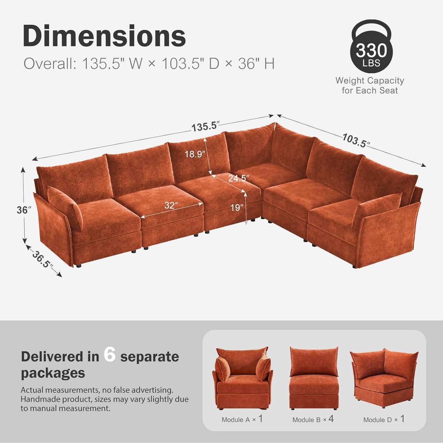 135.5" Oversized Modular Sectional Sofa, L Shaped Convertible Couch with Movable Ottoman, Large 6 Seat Corner Couches for Living Room Deep Seat Terracotta Orange Chenille