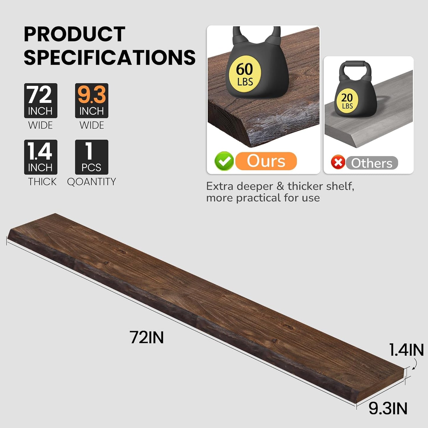 Floating Shelves for Wall, 72"x9.3" Rustic Solid Live-Edge Elm Wood Wall Shelves, Heavy-Duty Floating Shelves with Invisible Brackets, Set of 2 for Living Room, Bedroom, and Kitchen, Grey Finish