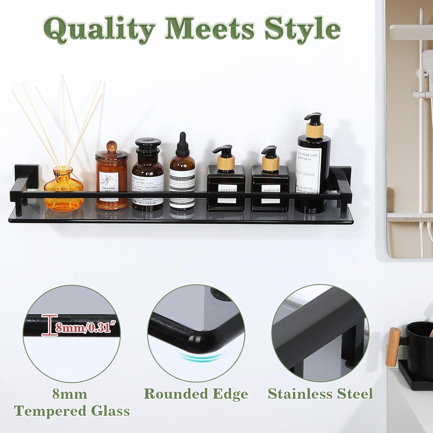 Alise Bathroom Shelf Wall Mounted, Matte Black Large Capacity Glass Shelf for Bathroom, 24 inch