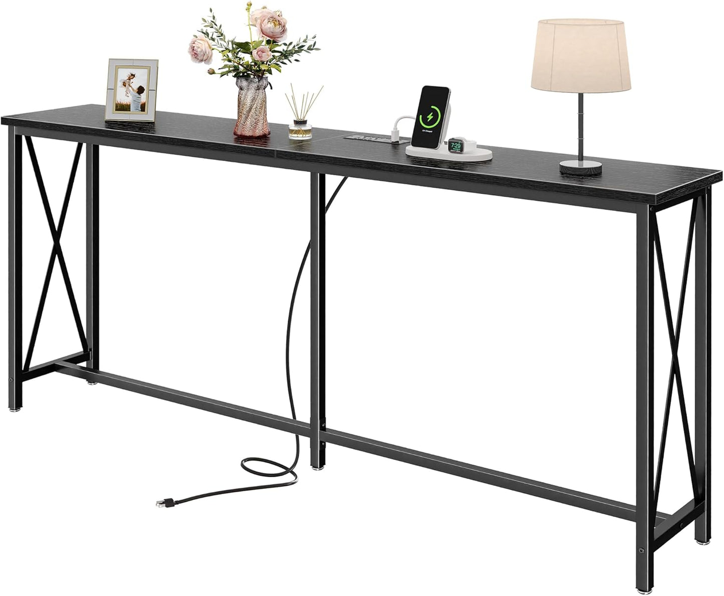 SUPERJARE 70 Inch Console Table with Outlets and USB-C Port, Extra Long Behind Couch Sofa Table with X-Shaped Design, Narrow for Entryway, Living Room, Metal Frame, Wooden Top, Black