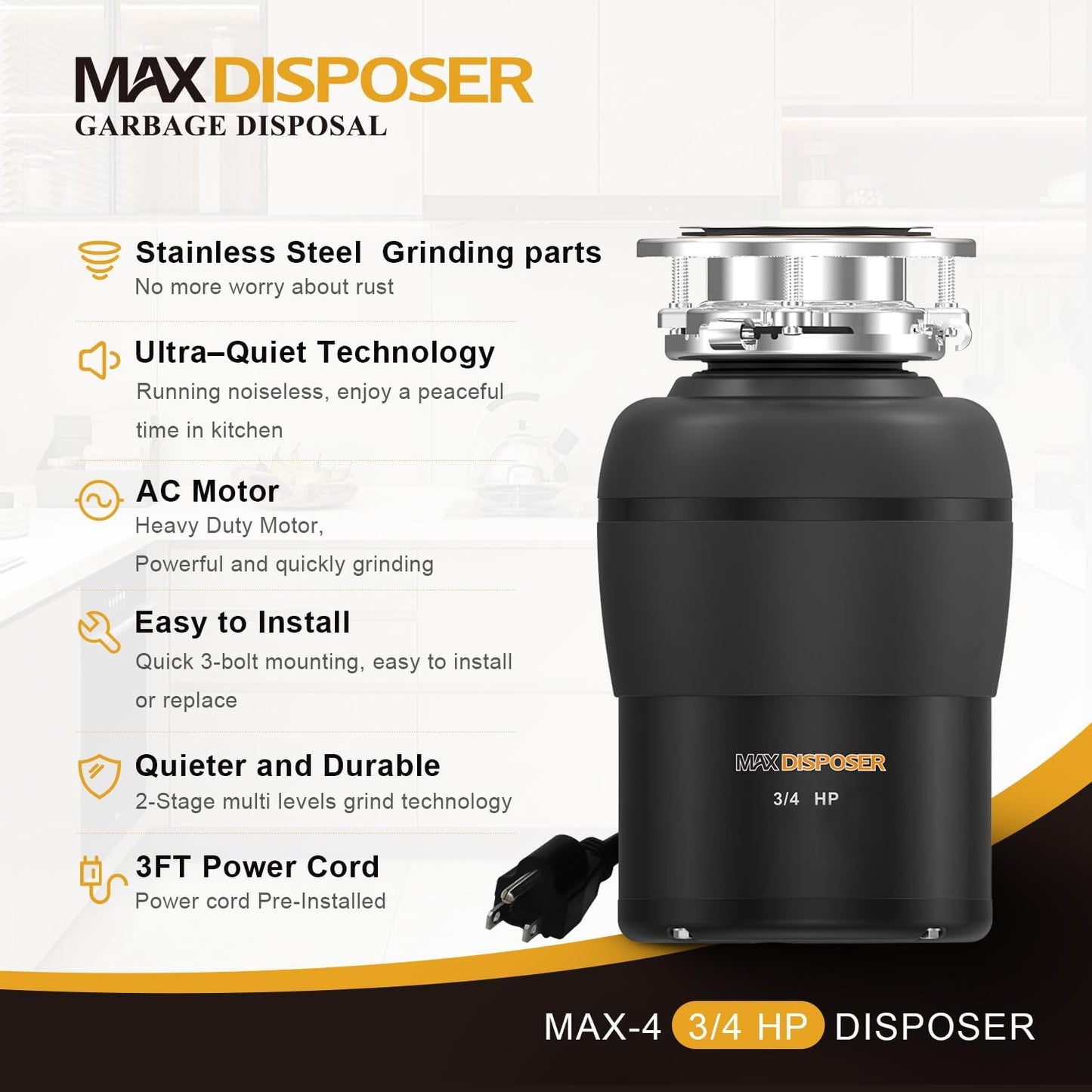 Garbage Disposal 3/4 HP for Kitchen sink Quiet with Stopper Power Cord, Easy install, Continuous Feed Food Waste Disposer Stainless Steel Grind 0.75 Horsepower AC Motor Unit (MAX-4)