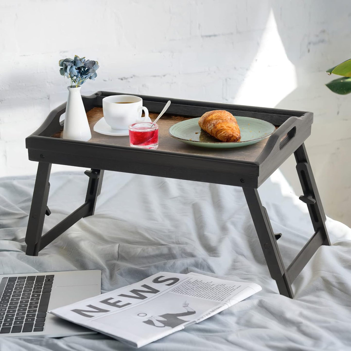 2 Pack Bed Tray Table Breakfast Trays Serving Tray Adjustable Height for Eating Bamboo Bed Laptap Floding Legs with Handles and Phone Holders