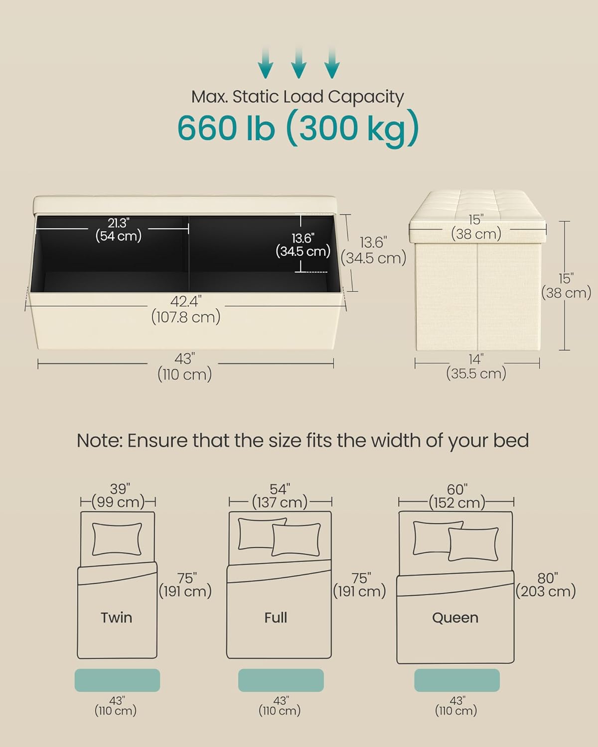 SONGMICS MAZIE Collection - 43 Inches Folding Storage Ottoman Bench, Ottoman Foot Rest, End of Bed Bench, Storage Chest, Load 660 lb, for Living Room, Bedroom, Entryway, Cream White ULSF77BE